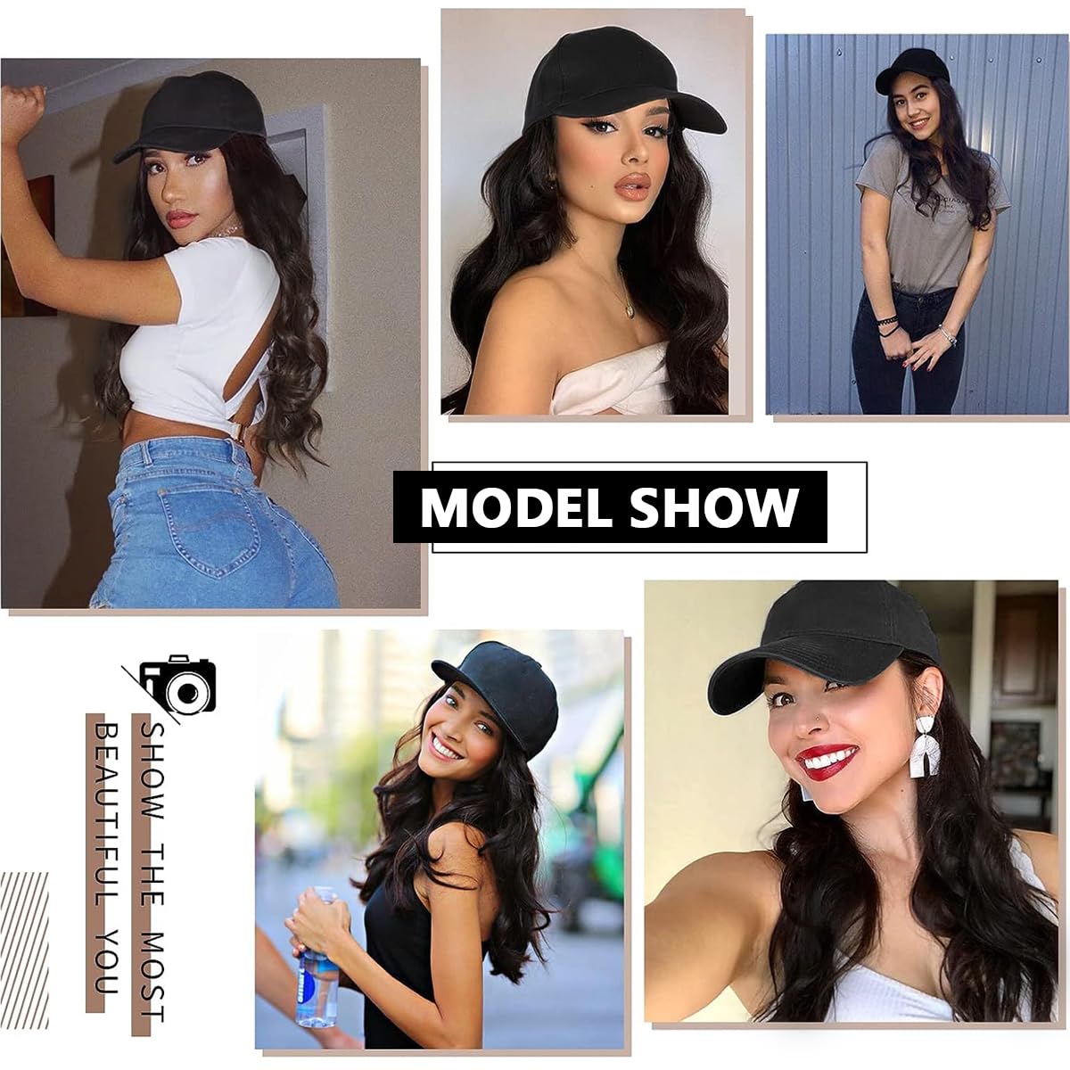 MAYCREATE Baseball Cap with Hair Extensions for Women, Adjustable Wavy Hair Wig Cap for Girls, Black K-pop Style Hat with 24in Long Synthetic Wig Attached