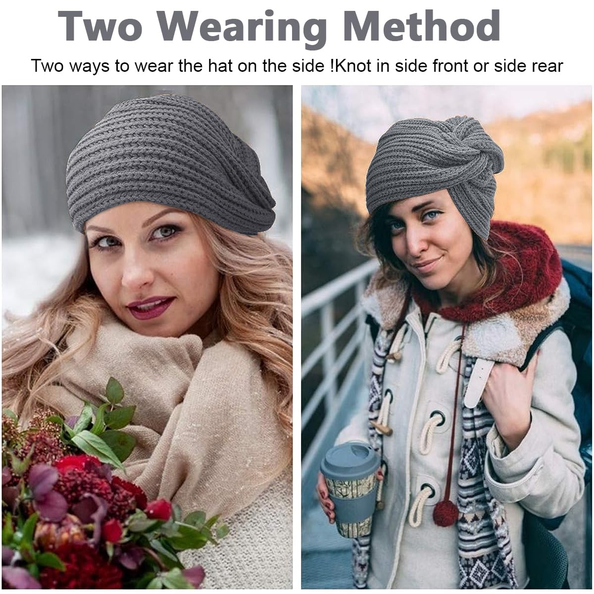 PALAY Turban Cap Winter Cap for Women Woolen Cap for Women Winter Warm Caps Fashion Knitting Hat Stretchy Knitting Couple Cap Crochet Cap Gift Winter Clothes for Women (Grey)