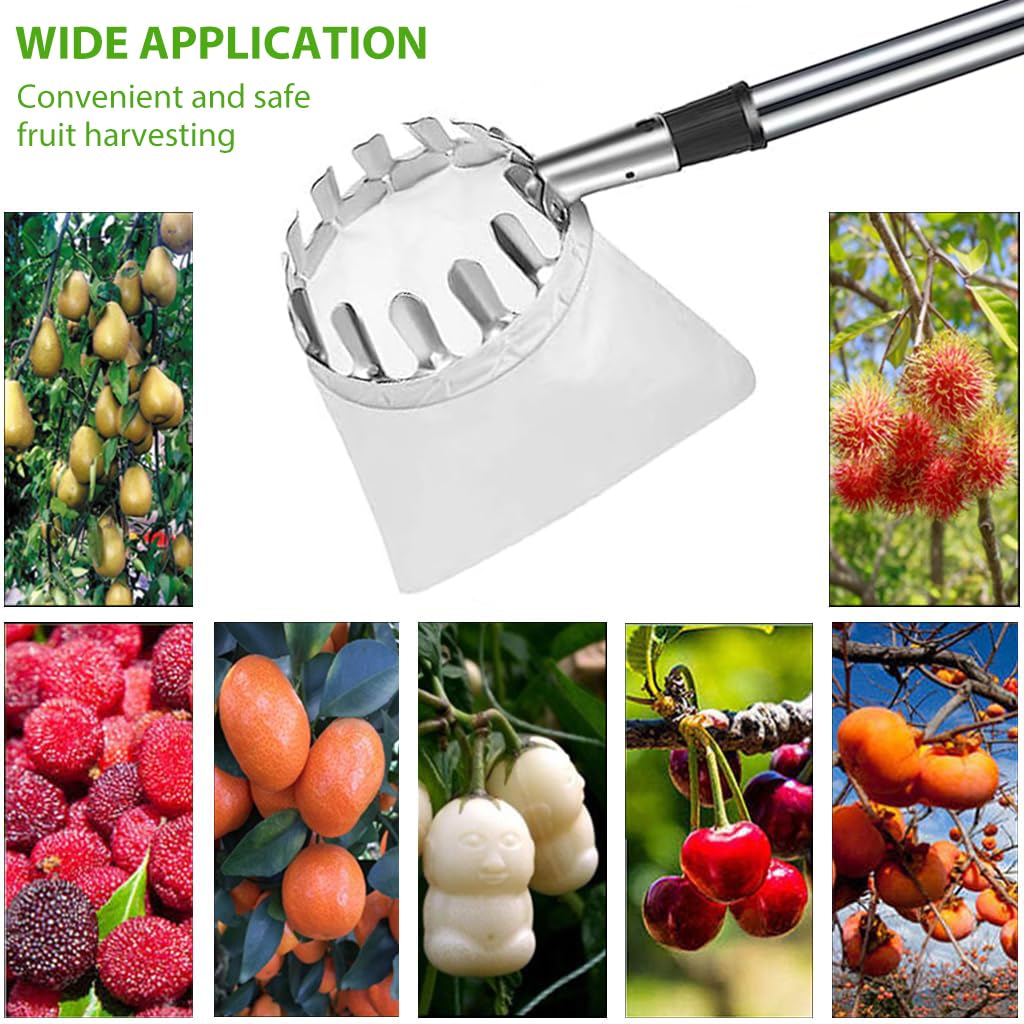 HASTHIP Extendable Mango Plucker Tool - 10.5ft Fruit Plucker with Adjustable Pole - Alloy Material Telescopic Pole - Equipped With Net & Pole - Tree Fruit Plucker Stick - Easy To Use Fruits Catcher