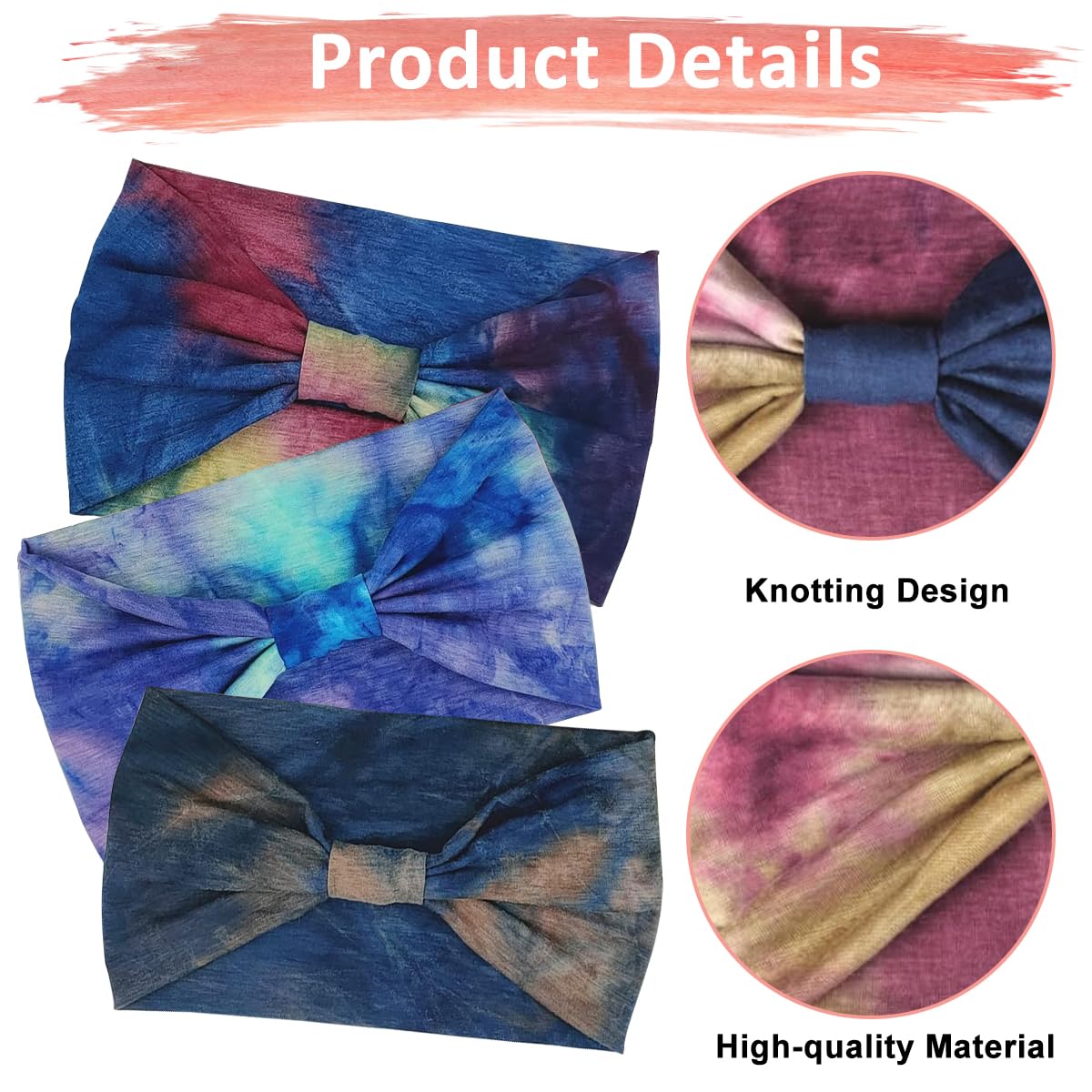 MAYCREATE 4 Pack Women Wide Headband Knotted Tie-dye Print Headbands Stretchy Wide Hair Bands Yoga Sweatband Sports Headband Polyester Head Wraps Stylish Head Bands for Women