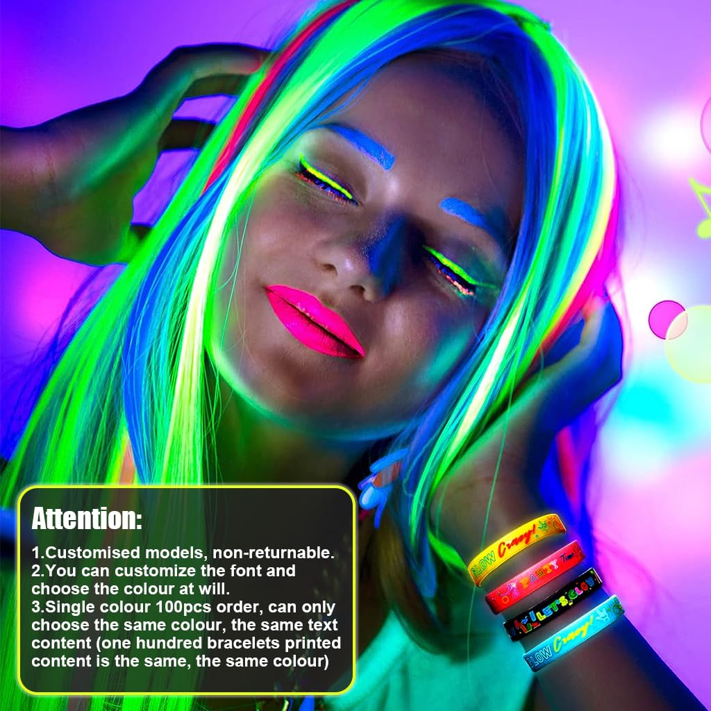 PATPAT 100Pcs Neon Custom Silicone Wristbands - Personalized Printed - Add a Message - Customizable Rubber Bracelets - Customized for Motivation, Events, Companies, Support, Fundraisers(Yellow)