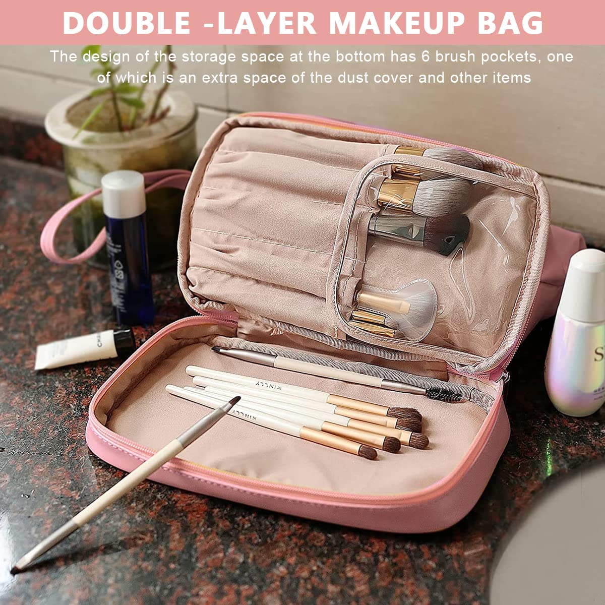 MAYCREATE Large Capacity Cosmetic Bag, Women's Makeup Travel Bag Portable Leather Cosmetics Bag with Handle, Double Layer Portable Zipper Toiletry Bag for Travel Makeup Organizer, Pink