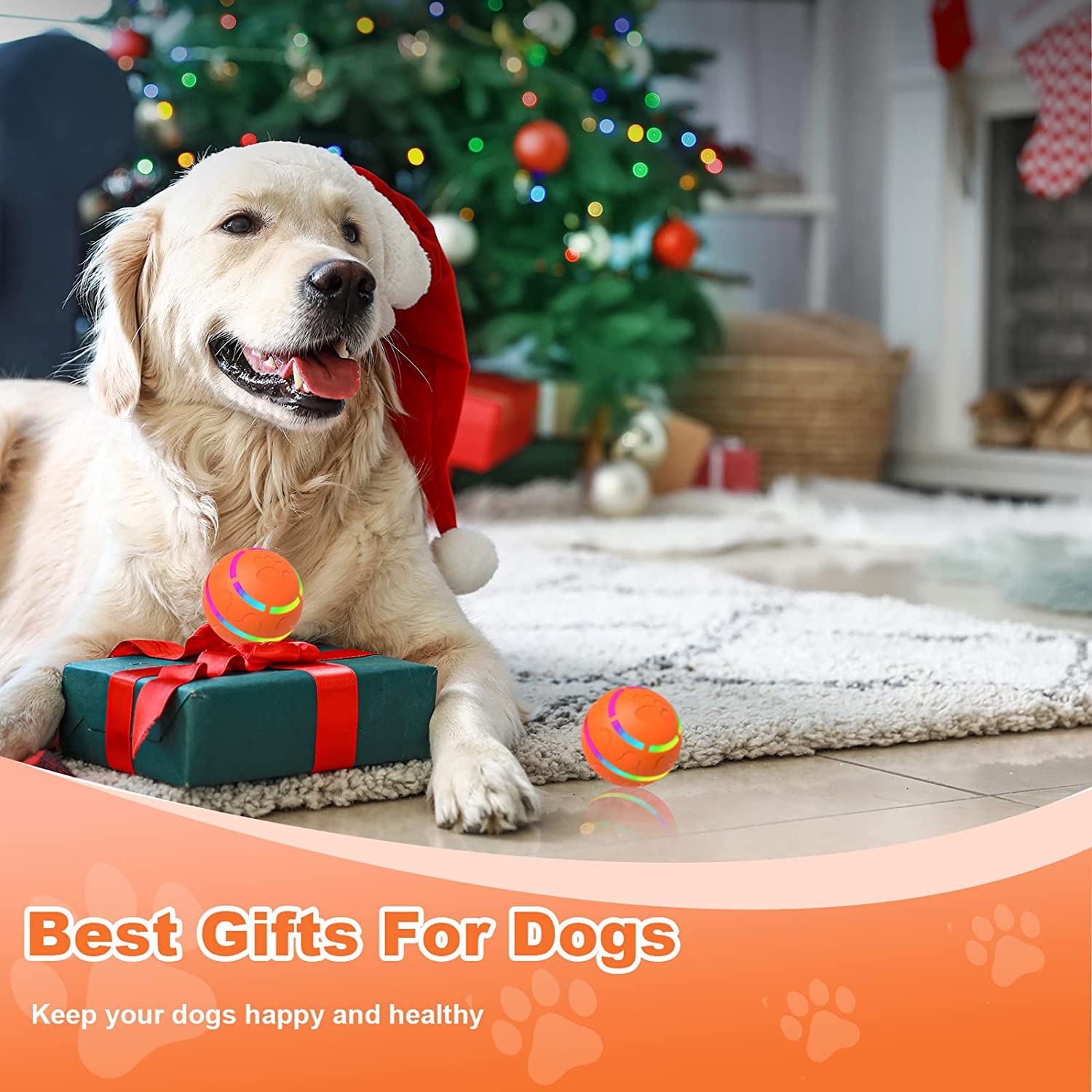 Qpets 8CM Automatically Bidirectional Spinning Ball for Dog with Remote Control, Dog Toys Durable Ball Toy, Chasing Toy Waterproof Silicone Ball Toy with Color Light for Small Medium Dog Cat