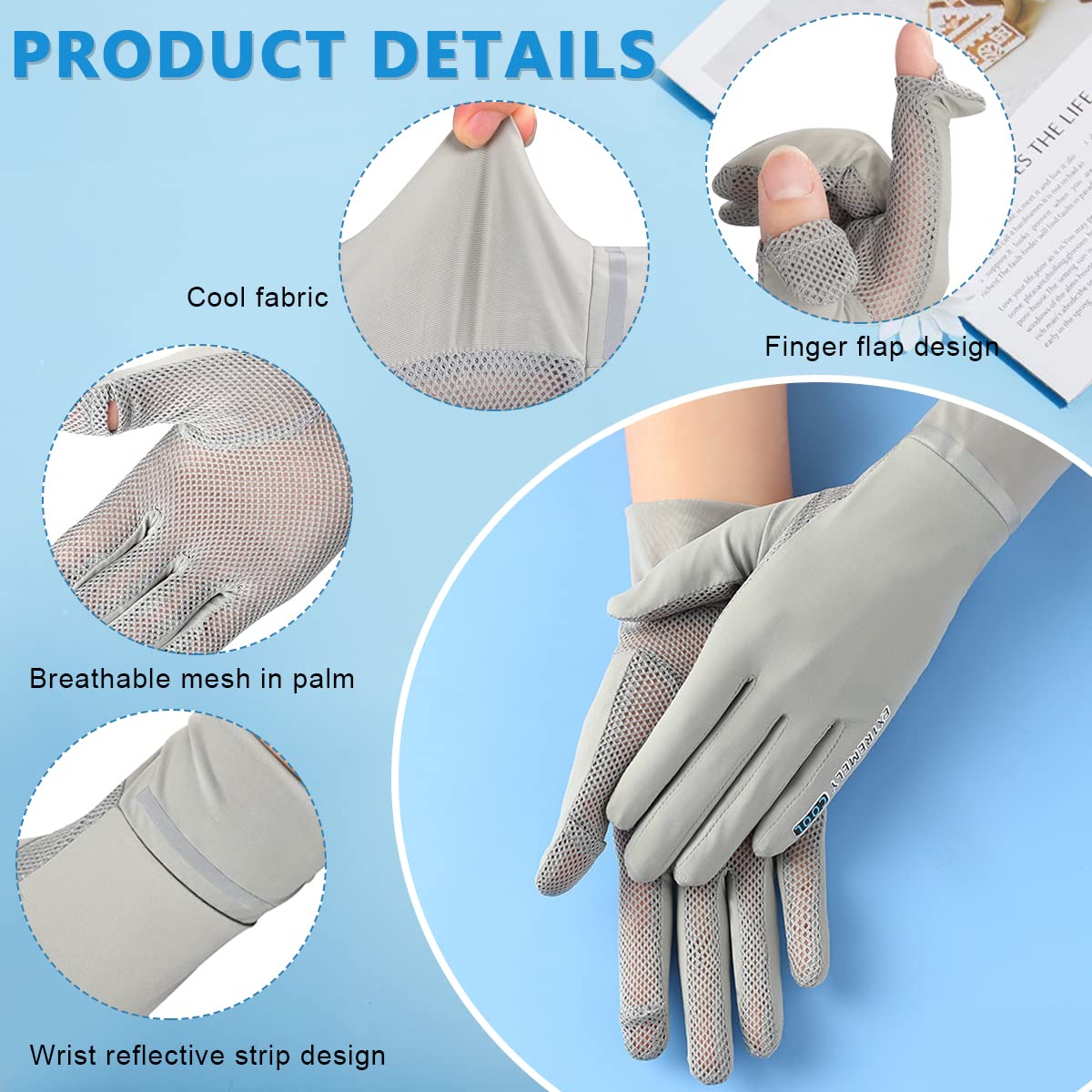 HASTHIP Sun Protection Gloves for Women, Non Slip Hand Gloves for Bike, Grey Touch Screen Gloves UPF 50+ Breathable Summer Gloves for Cycling Riding Fishing
