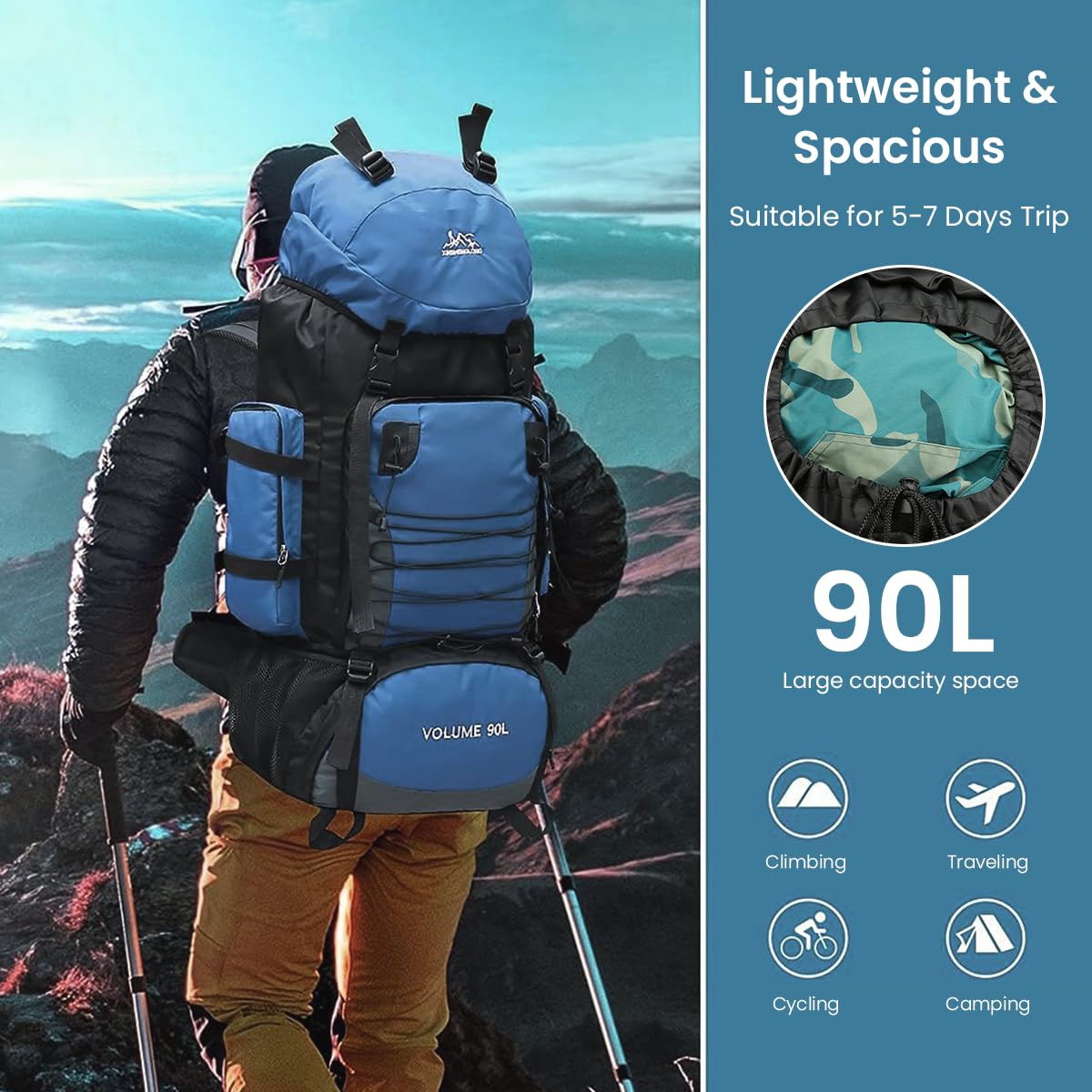 GUSTAVE 90L Extra Large Travel Backpack Hiking Trekking Bag Camping Rucksack bags Waterproof Terkking Backpack with Rain Cover Burden-relief Backpack for Travel, Terkking, Hiking, Camping