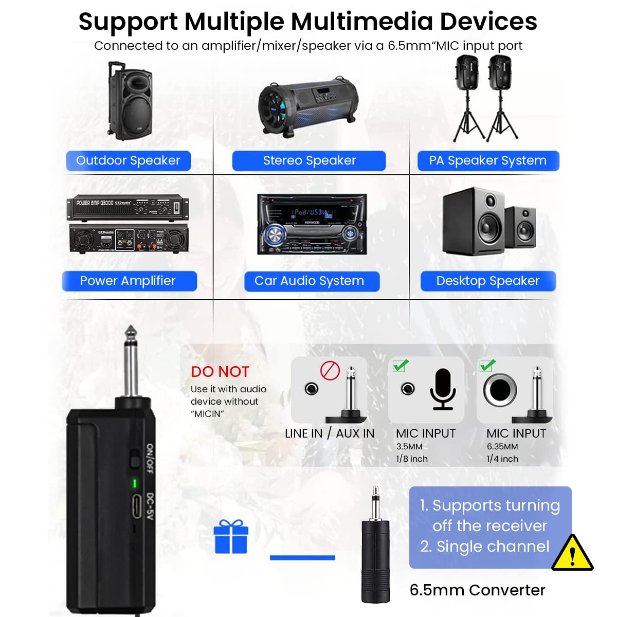 ZORBES Handheld Wireless Microphone with Bluetooth Receiver Cardioid Dynamic Microphones Mic with 6.35mm Jack to 3.5mm Jack Adapter for Karaoke Machine, Speaker, Mixer, Audio System