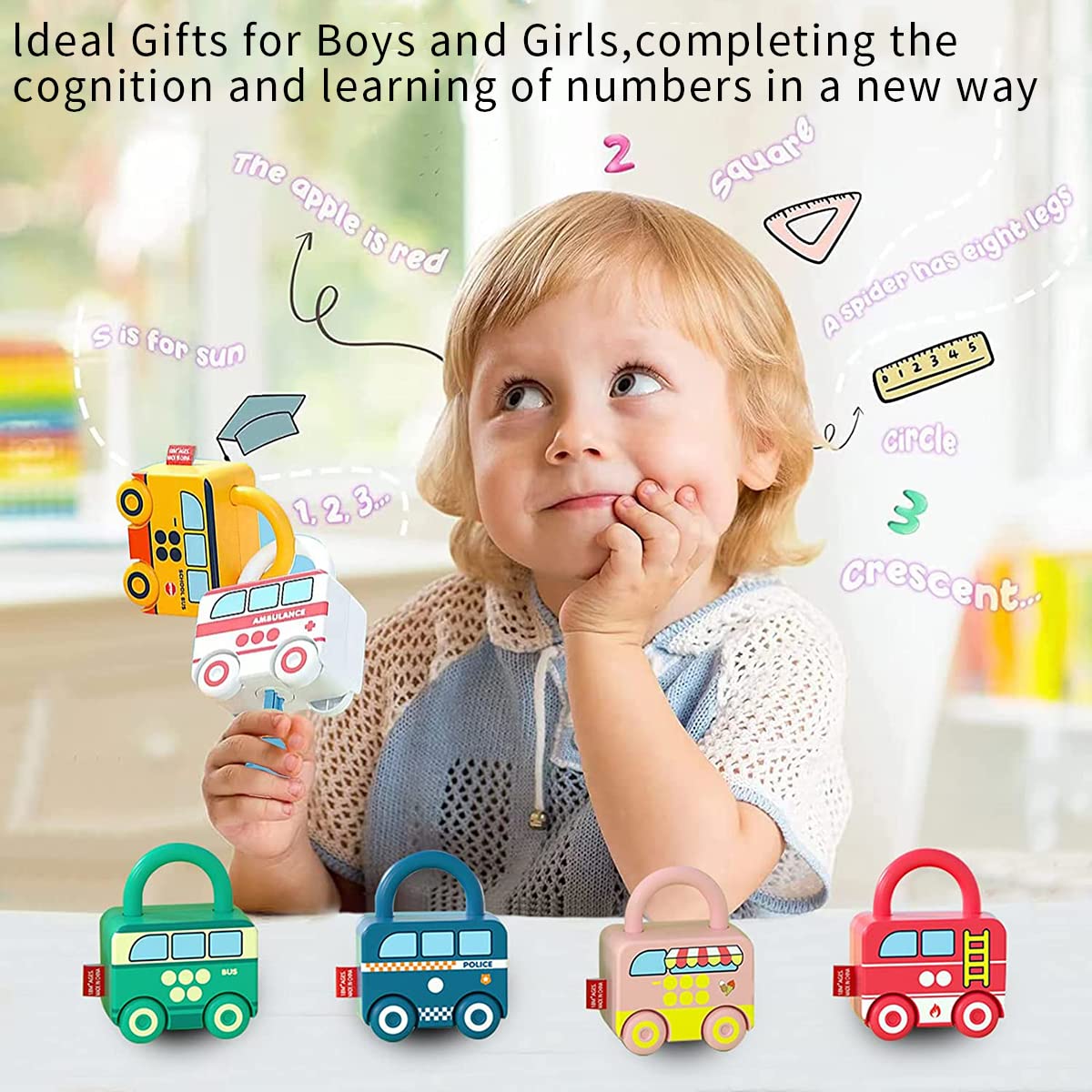 PATPAT 6 Pcs Lock and Key Car Toys, Creative Matching & Sorting Toys with Numbers and Vehicle Names, Early Learning Toy for Toddlers and Preschool Children, Christmas Gift with Gift Box