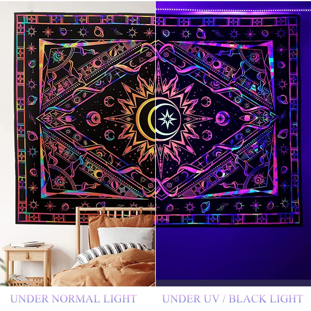HASTHIP Blacklight Tapestry UV Reactive Tapestry Glow in The Dark, Sun and Moon Tapestry, Aesthetic Tapestry Wall Hanging Tapestry Fluorescence Tapestry Night Glow Tapestries (51.2 in x 59.1 in)