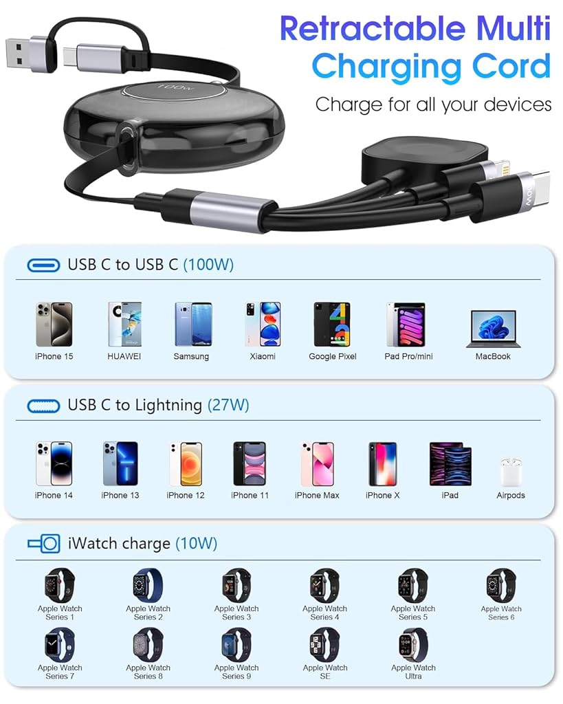 Verilux 6 in 1 USB C Charging Cable Retractable USB C Charging Cable with Apple Watch Wireless Charger Support Max 100W PD Fast Charging Compatible with iPhone 15/14/13, Samsung, Apple Watch