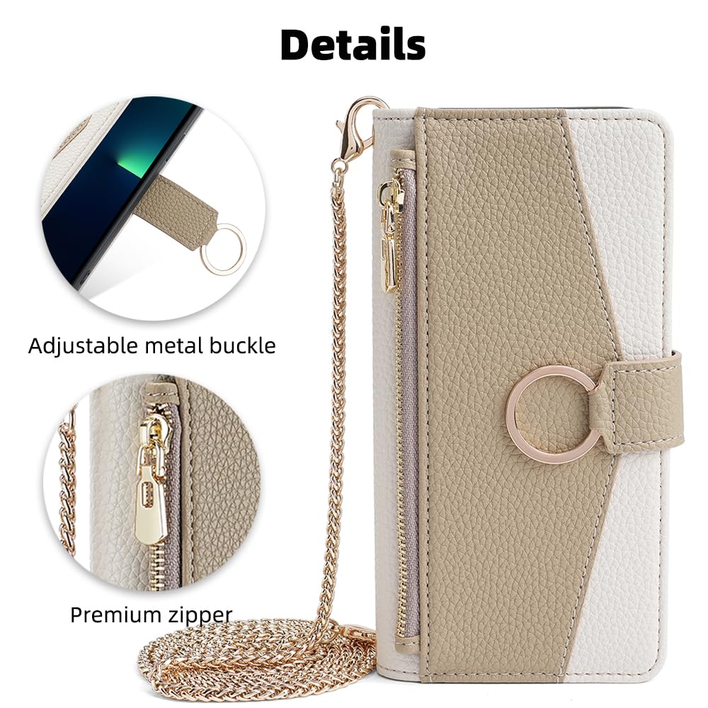 ZORBES Leather Phone Case for iPhone 15 Pro Max Fashion Women Flip Wallet Phone Case with Cash Zipper Pouches & Card Holders Multifunctional PU Leather Flip Phone Case with Removable Chain Strap