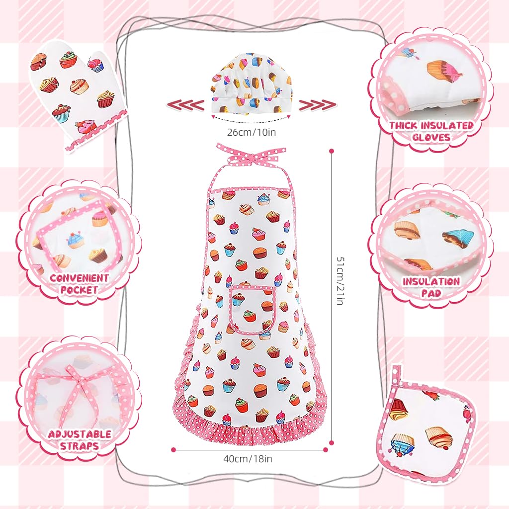 SNOWIE SOFT Chef Dress for Girl 3-7 Years Old, 4pcs Kitchen Costume Role Play Kits, Girls Apron with Chef Hat, Cooking Mitt and Print Insulation Pad Themed Photography Props