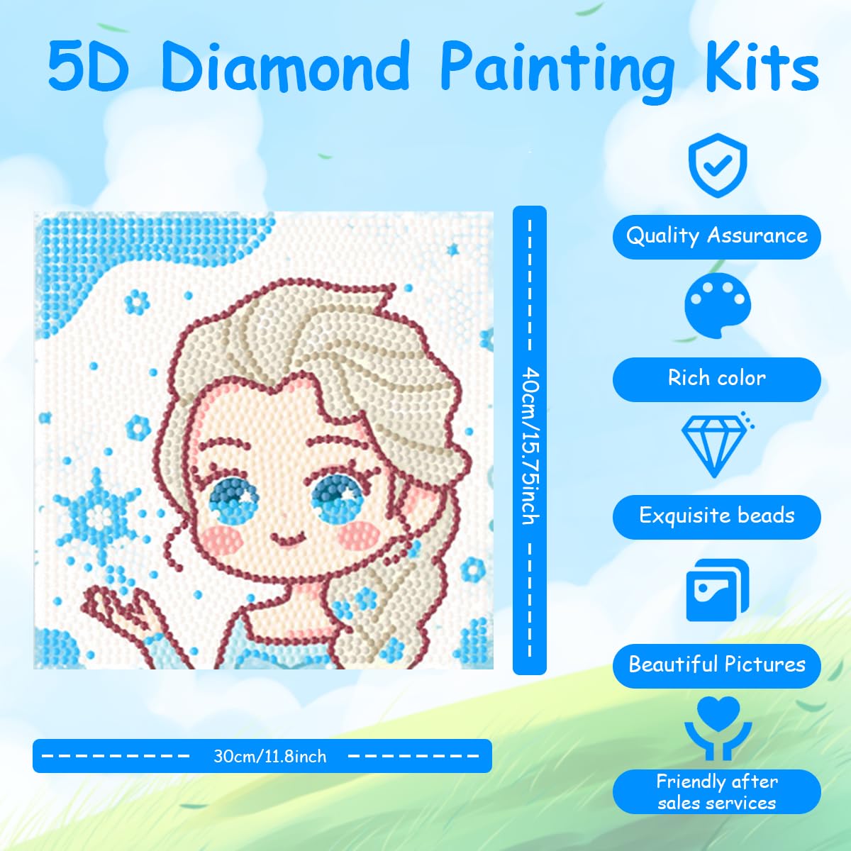 PATPAT DIY Diamond Painting Wall Decor Frozen Princess Elsa Diamond Art Painting Kit with Color Diamond Packs, Diamond Pick Up Pen, Glue Clay, Diamond Tray, 7.2''*7.2'', With Frame