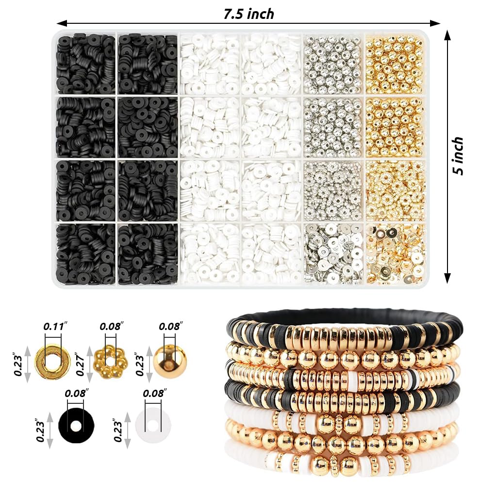 SANNIDHI® 2500+ Clay Beads for Bracelet Making, Bracelet Beads Set, White & Black Clay Beads for Jewellery Making, Polymer Clay Beads with Gold Silver Spacer Beads Kit for DIY Necklaces