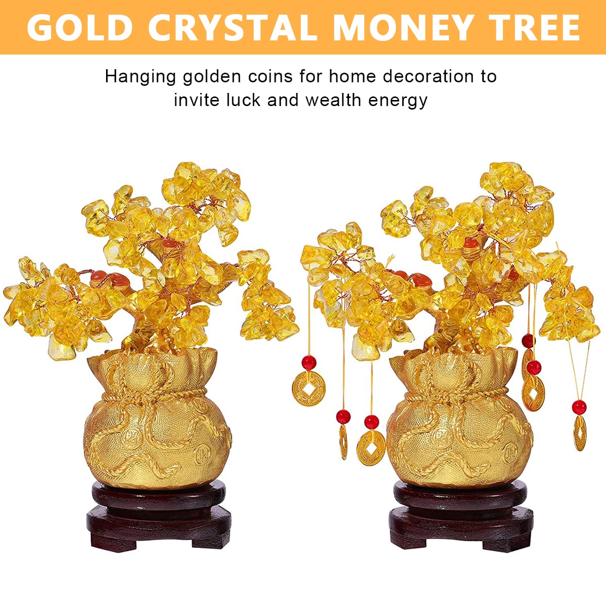 HASTHIP Feng Shui Tree Crystal Tree of Life, Good Luck Items for Home Decor, Golden Money Tree with 6 Hanging Coin Charms, Crystals Decoration Ornament Sculpture (19X18X8cm)