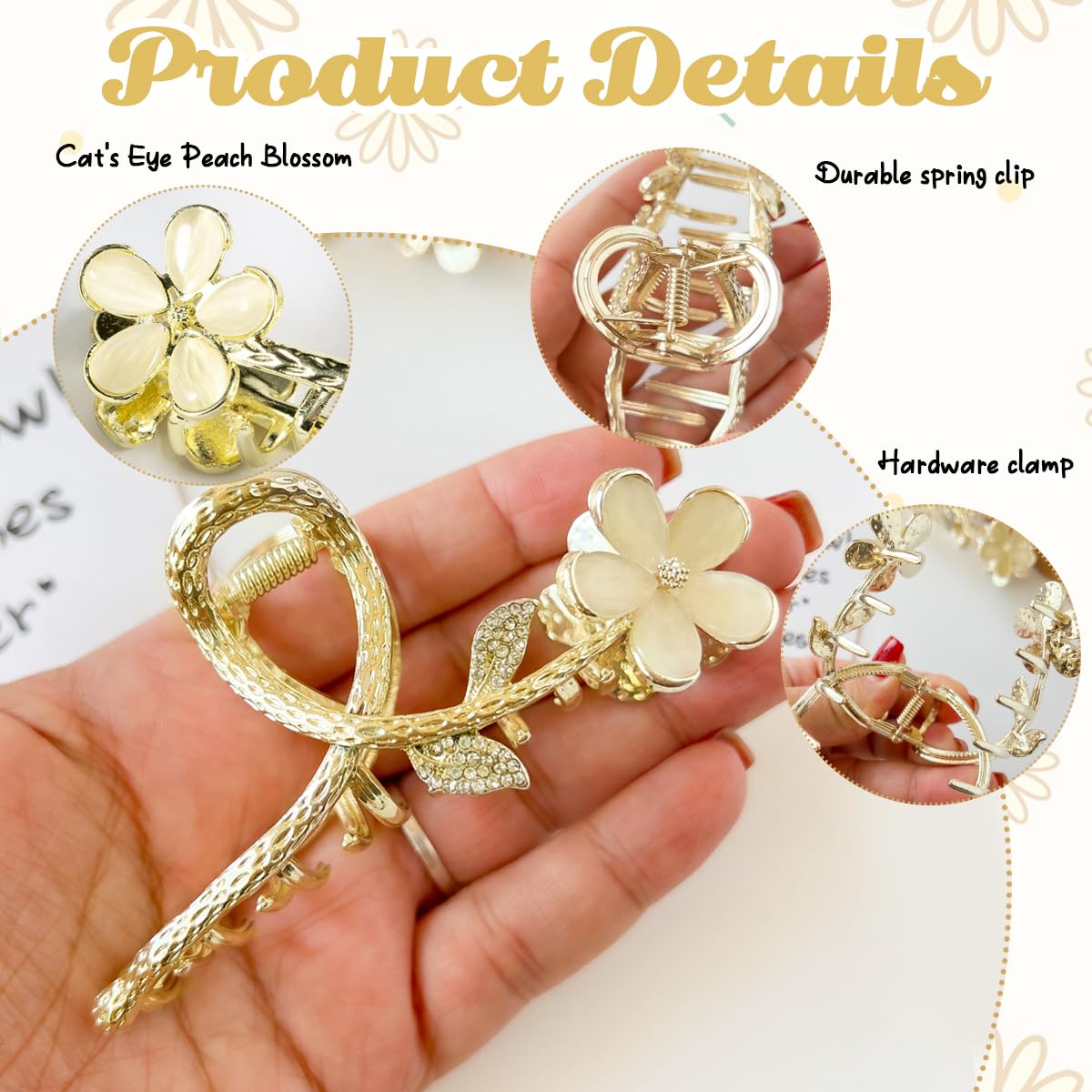 PALAY Hair Claw Clips for Women Large Flower Claw Clip for Hair Stylish Rhinestone Updo Hair Clip French Metal Hair Jaw Clips Strong Hold Hair Clamps