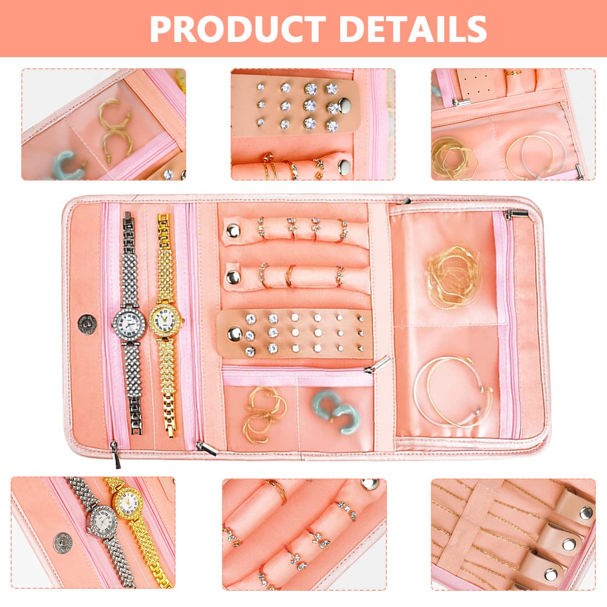 MAYCREATE Travel Jewelry Organizer Roll Foldable Jewelry Roll Bag for Earrings, Necklaces, Rings, Bracelets, Brooches, Pink