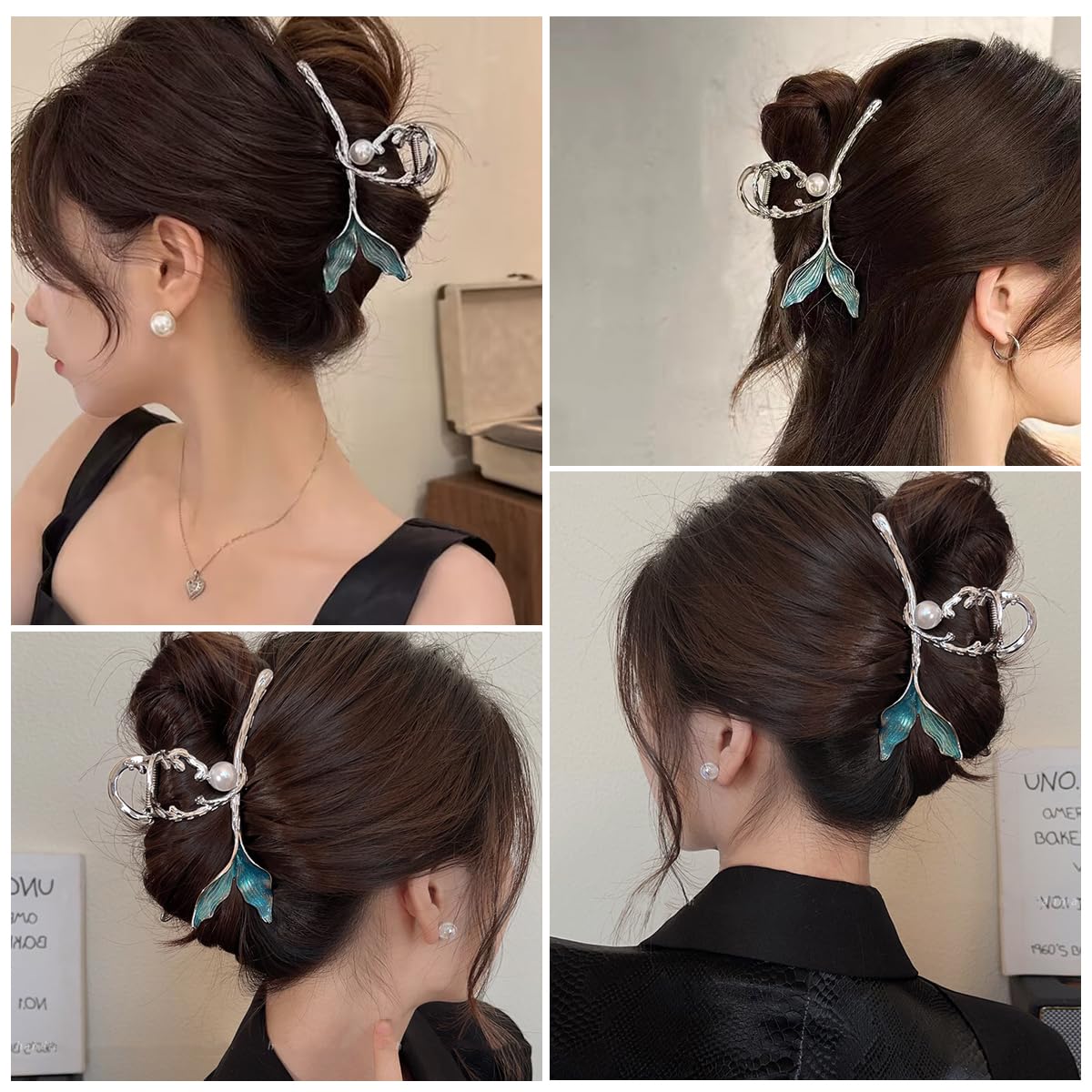 PALAY Hair Claw Clip for Women Stylish Large Mermaid Pearl Hair Clutches Women Non-Slip Metal Hair Jaw Clips Strong Hold Bun Hair Accessories - Silver