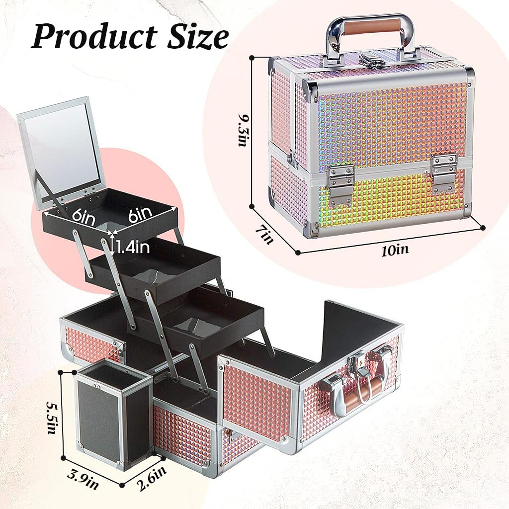 MAYCREATE Portable Makeup Organizer Suitcase Aluminum Alloy Travel Suitcase Multi Compartment Stackable Drawers Design Make-up Artist Train Case with Makeup Mirror & Makeup Brush Holder