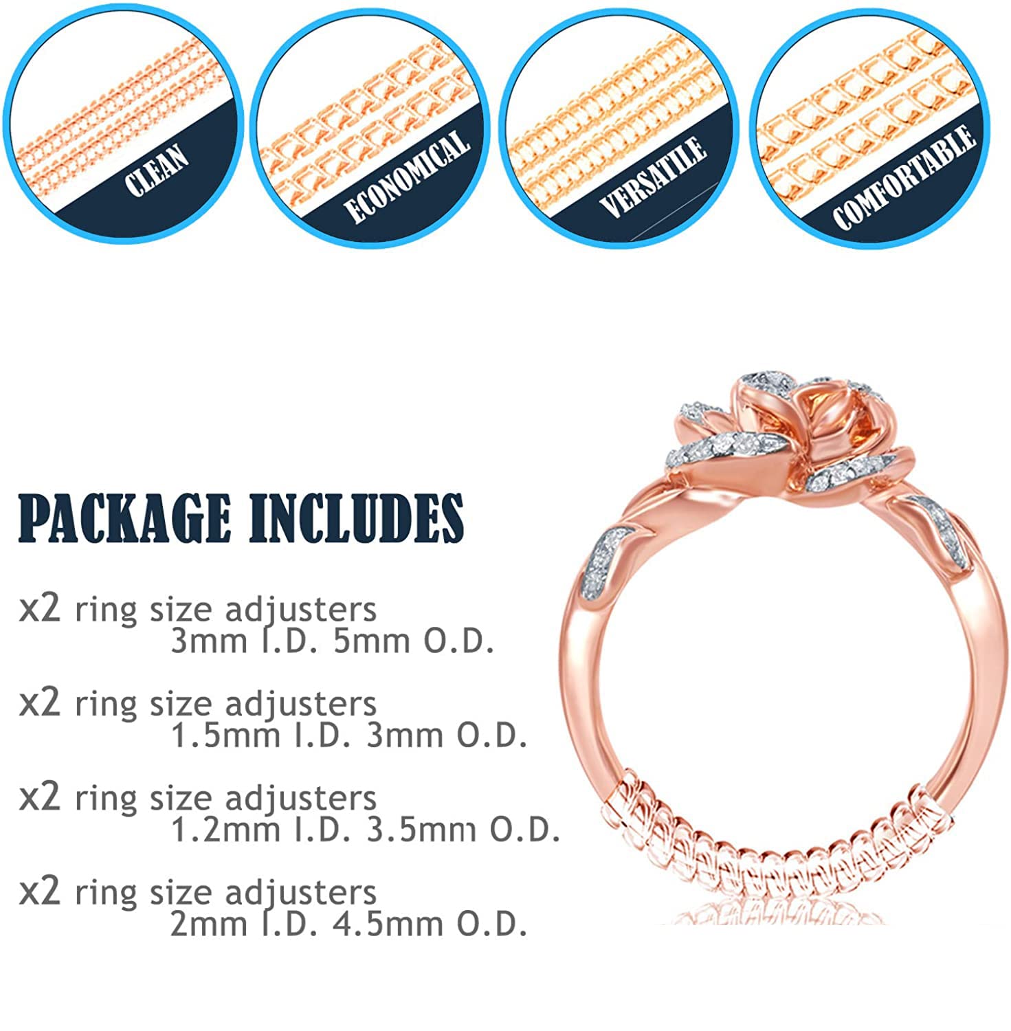 PALAY 8 Pack Spiral Ring Size Adjuster for Loose Rings, Invisible Ring Resizer, Reducer Guard to Make Silver or Gold Rings Smaller - Silicone Ring Clips, Spacers, Tightener- Golden