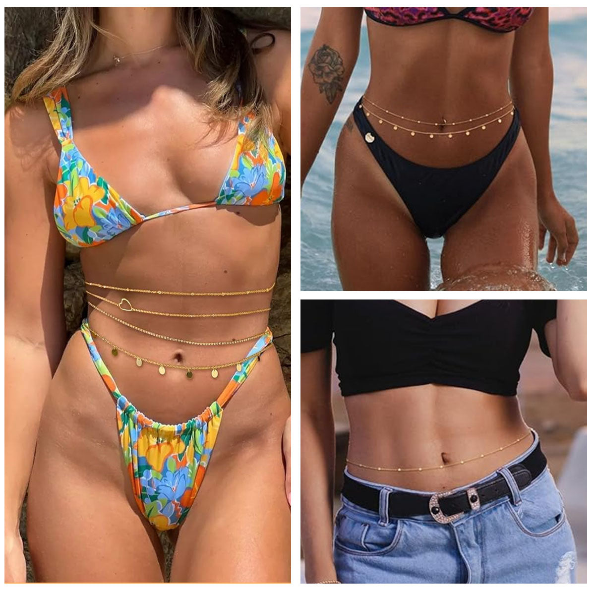 SANNIDHI Chic Waist Chains for Women Set of 4Pcs Slim Golden Chain Body Charm Waist Charm Chain Layered Metal Wasit Chains Bikini Beach Wear Adjustable Saree Waist Chains for Girls, 26.8+9.8 inches