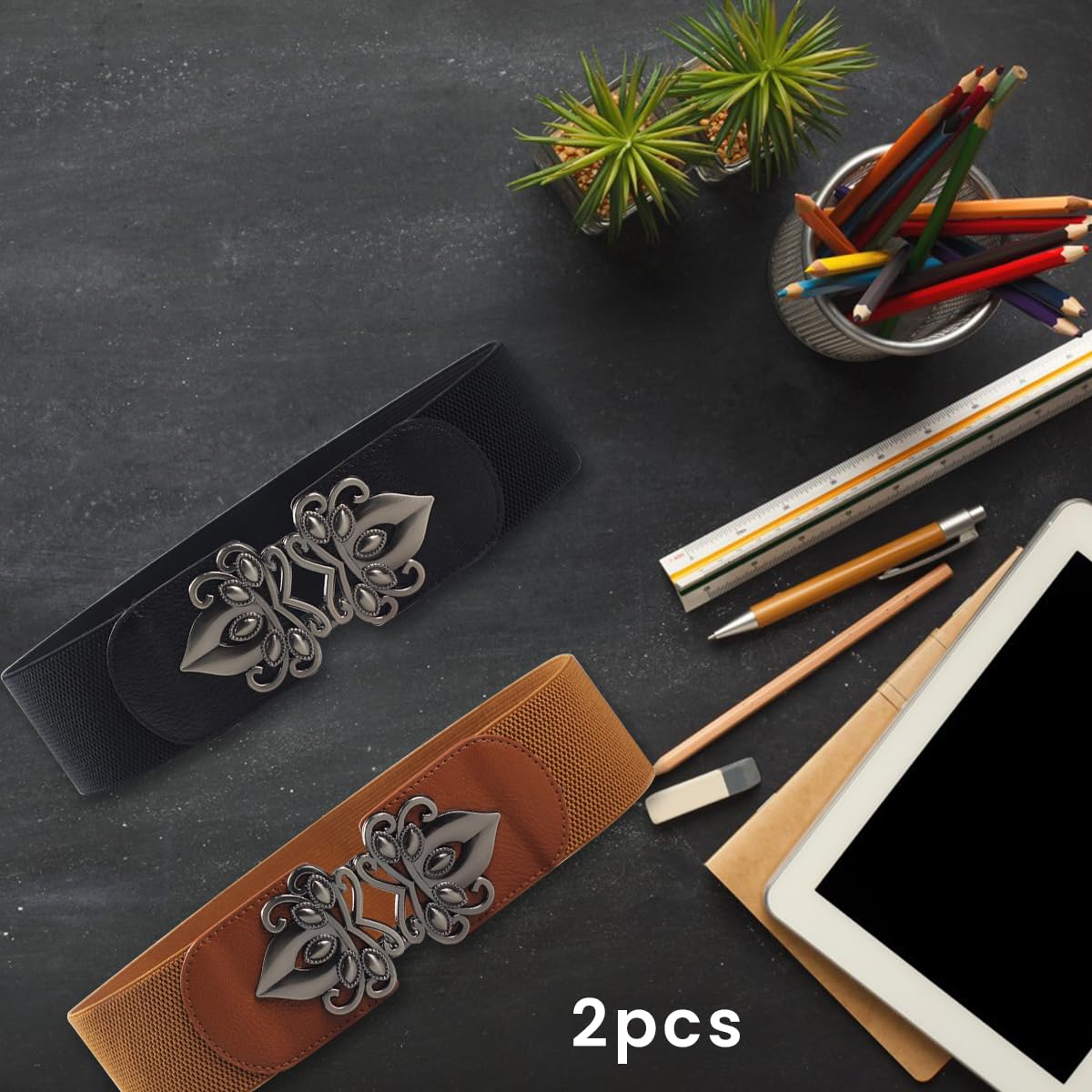 PALAY 2Pcs Belt for Women, Vintage Wide Stretch Waist Belt for Women Dresses, Elastic Slim Belt Cinch Belt with Interlocking Buckle - Black & Brown