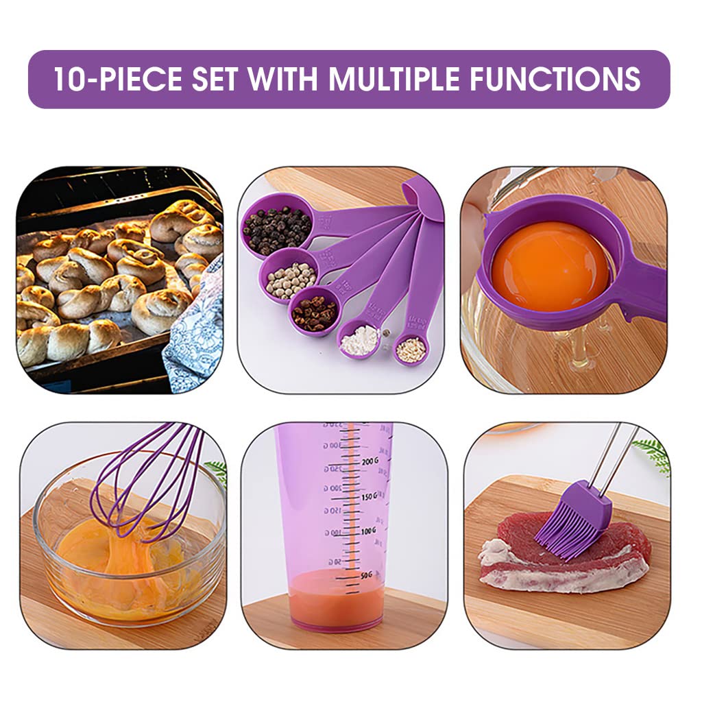 HASTHIP 10Pcs Measuring Spoons Cups Silicone Kitchen Utensils Spoon Set, Include Egg Strainer, Oil Brush, Scraper, Egg Beater, Silicone Cooking & Baking Tool, BPA-Free, Dishwasher Safe (Purple)