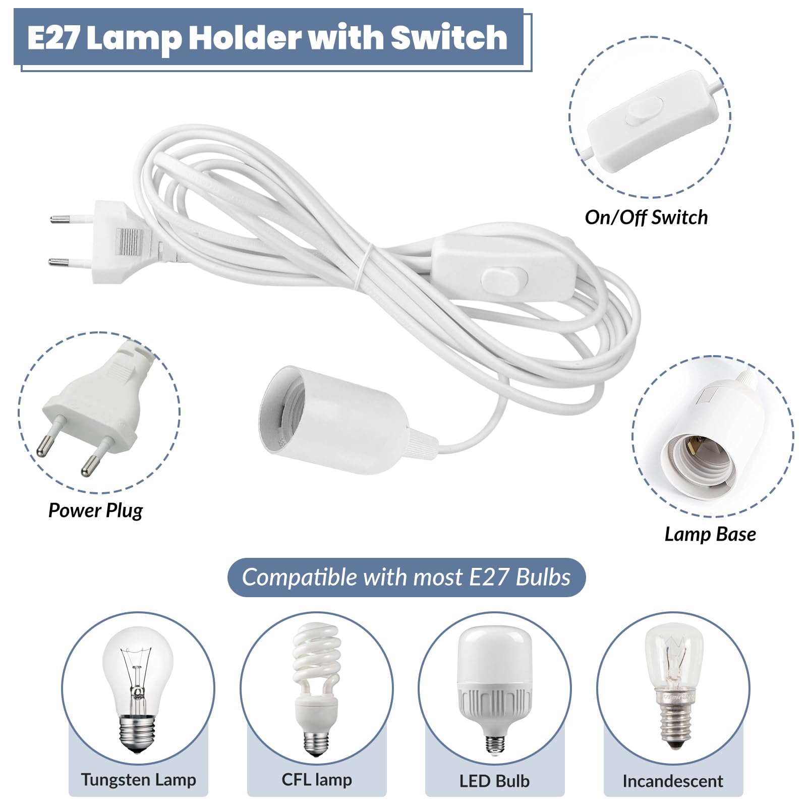 ELEPHANTBOAT E27 Light Bulb Socket 1.8 Meter Switched Cable E27 Bulb Socket Kit with Accessories Cable Plug and Go E27 Socket for Hanging Light, Garage Light, Porch Light, 2 Packs