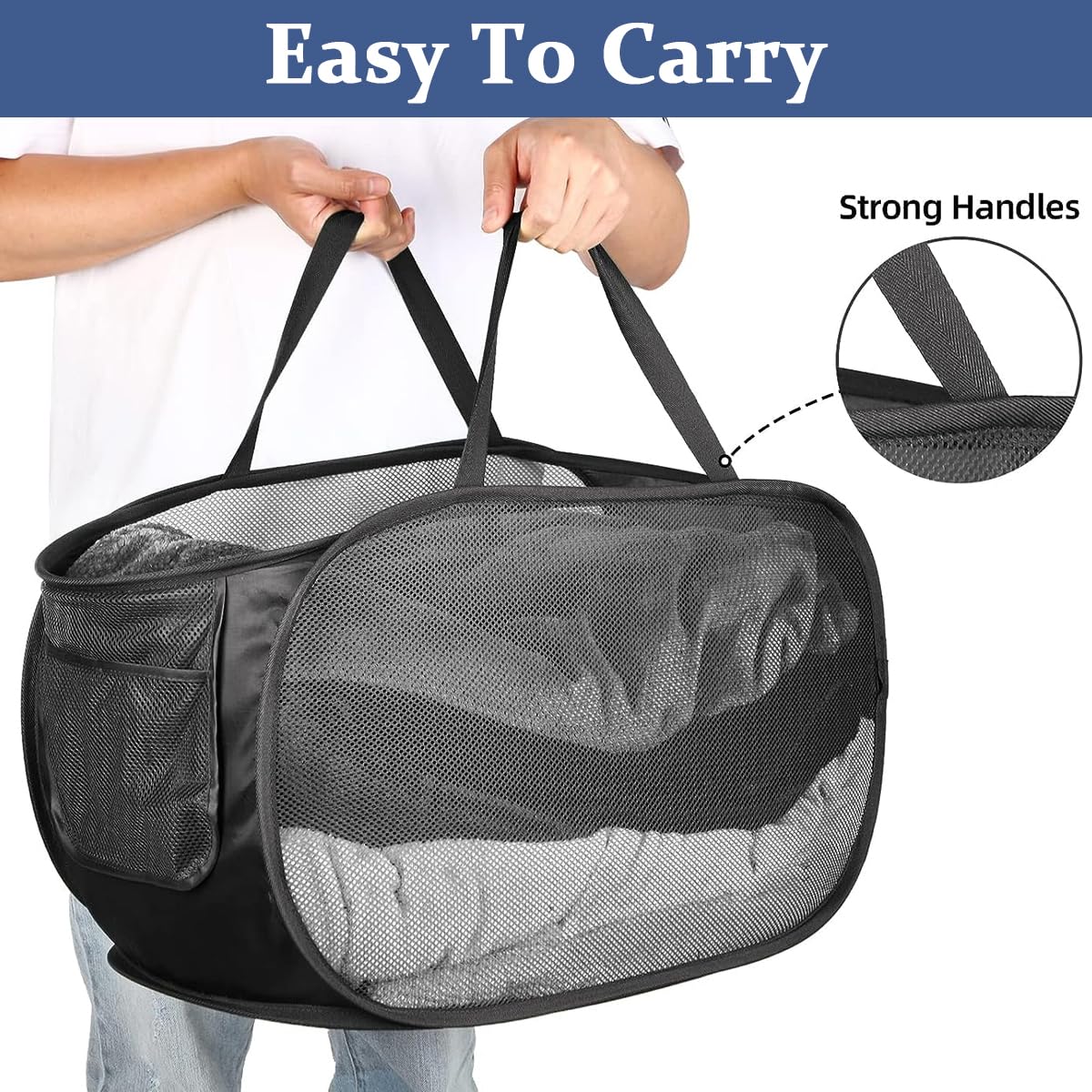 HASTHIP Durable Collapsible Laundry Baskets, Foldable Clothes Storage Hamper with Reinforced Carry Handles, Portable Collapsible Clothes Baskets for Dorm, Bathroom & Travel, Black