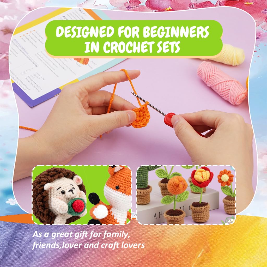 PATPAT DIY Crochet Flower Pot Material Kit Cactus Flowers Crochet Desk Decor Material Kit with Tools & Tutorial Starter Friendly Crochet Flower Material Kit DIY Crochet Christmas Gift, Desk Decor