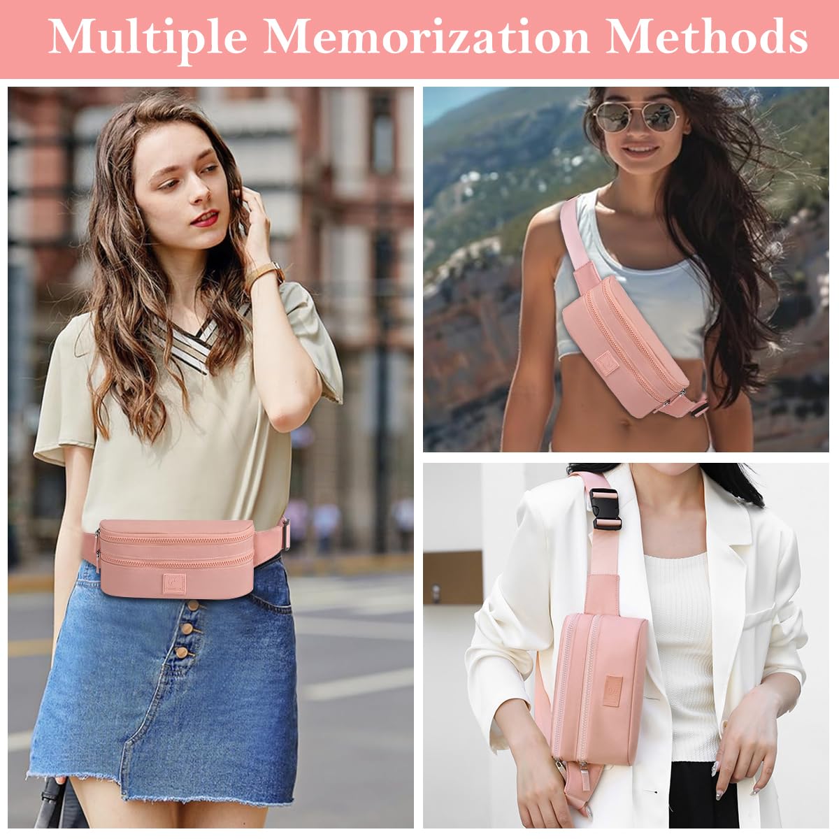 PALAY Fashion Waist Bag for Women Double Layer Lightweight Nylon Waist Pack Chest Bag Phone Sling Bag Casual Waist Bag with Adjustable Waist Belt Design Jogging Item Bag Bum Bag, Pink, 24x5x12cm
