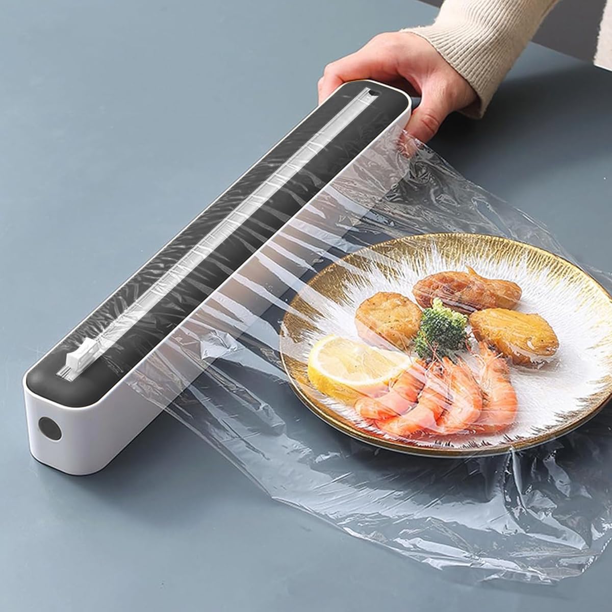 HASTHIP 2 in 1 Food Film Roll Dispenser and Cutter Magnetic Food Wrap Dispenser Bi-Directional Sliding Cutter Kitchen Food Fresh Film Roll Holder for Most 11.81 Width, 1.57 Dia Food Film Roll