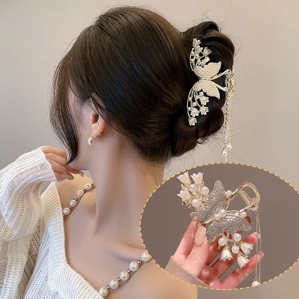 PALAY Pearl Hair Claw Clips for Women Tassel Butterfly Large Hair Clip Clutchers for Hair Golden Alloy Hair Styling Jaw Clips Bun Hair Accessories Gift