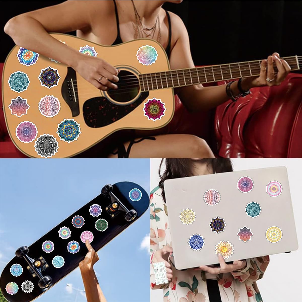 HASTHIP 50Pcs Mandala Art Stickers - Waterproof Vinyl Mandala Art Flower Stickers for Laptop Luggage Skateboard Computer Phone Bumper Scrapbook