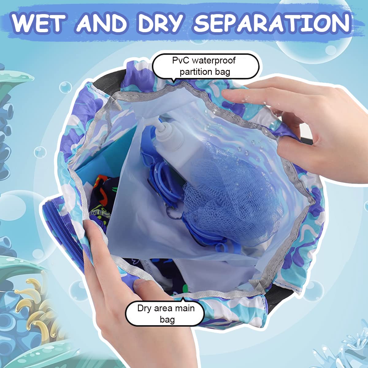 PALAY Swimming Bag for Kids Cartoon Print Shoulder Bag for Kids Large Capacity Backpack for Boys Girls Wet Dry Separation Beach Bag Storage Bag for Clothes, Swimming Goggles