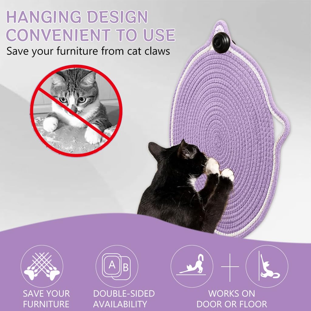 Qpets Cat Scratcher Mat Cotton Rope Cat Toy Wall Hanging Cat Scratcher Mat 16.5 Inches Cat Ear Lovely Purple Cat Scratcher Mat