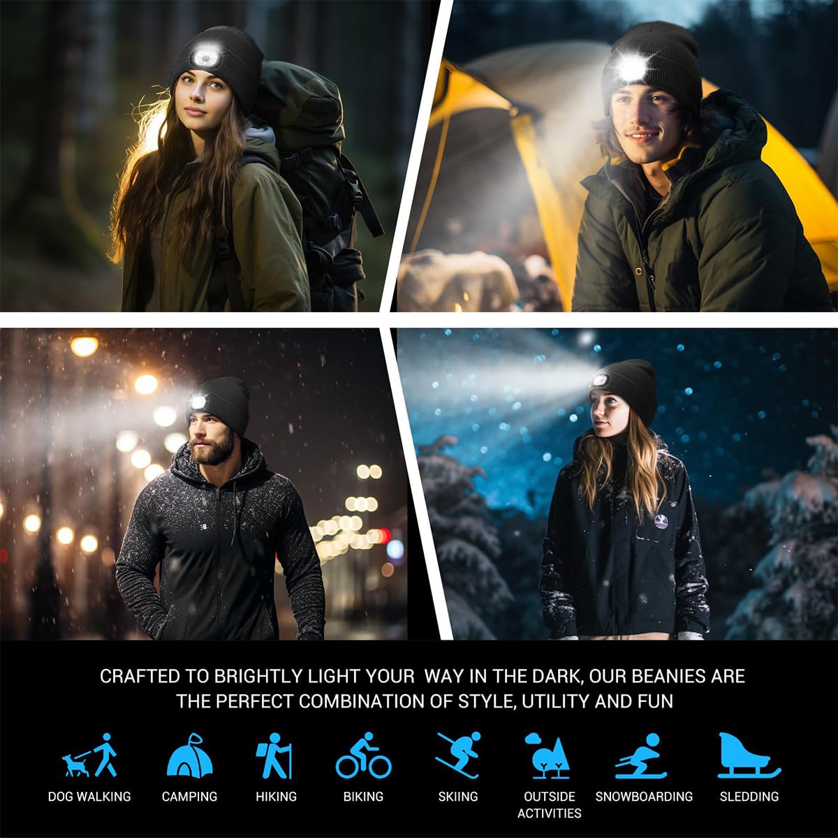 GUSTAVE Winter Cap for Men Women Illuminated Beanie Cap with Forehead Lamp USB Rechargeable Winter Soft Fleece Knitted Cap for Riding, Night Running, Black