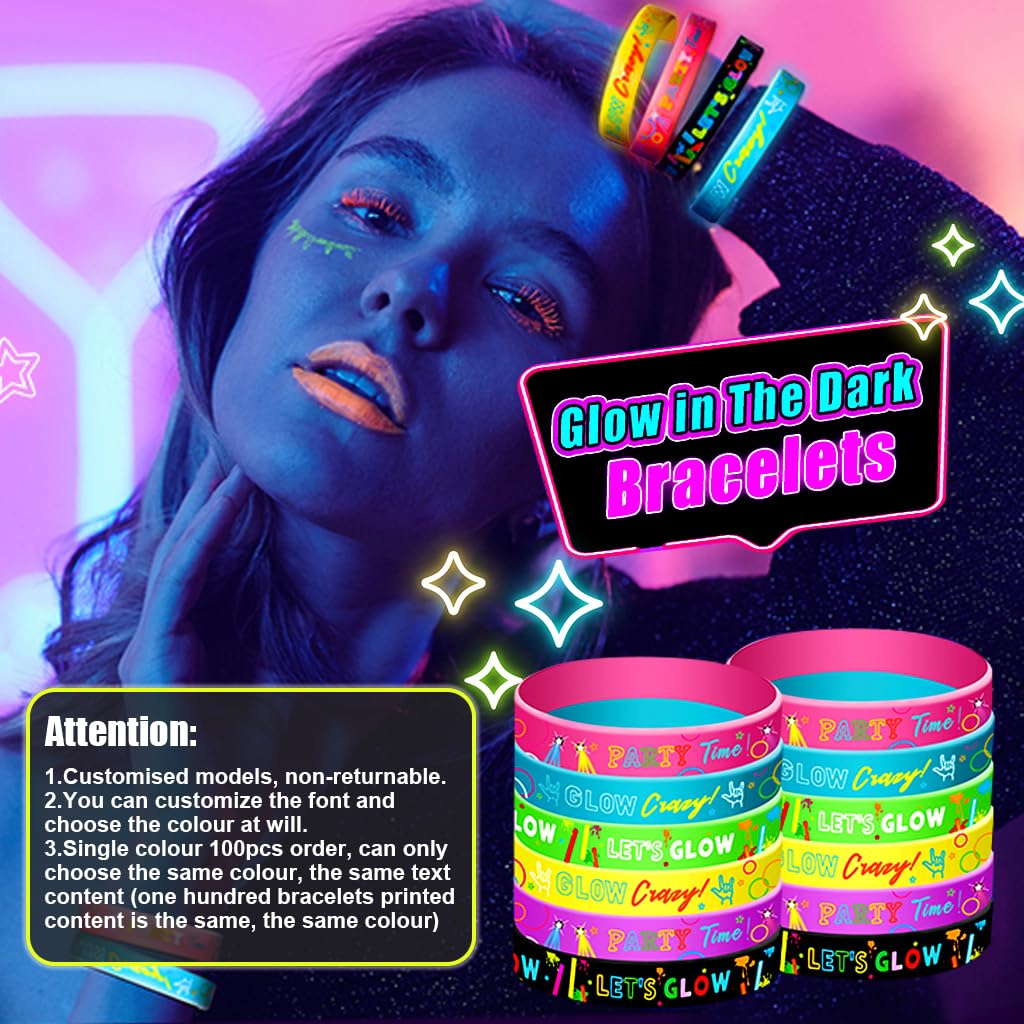 PATPAT 100Pcs Neon Custom Silicone Wristbands - Personalized Printed - Add a Message - Customizable Rubber Bracelets - Customized for Motivation, Events, Companies, Support, Fundraisers(Yellow)