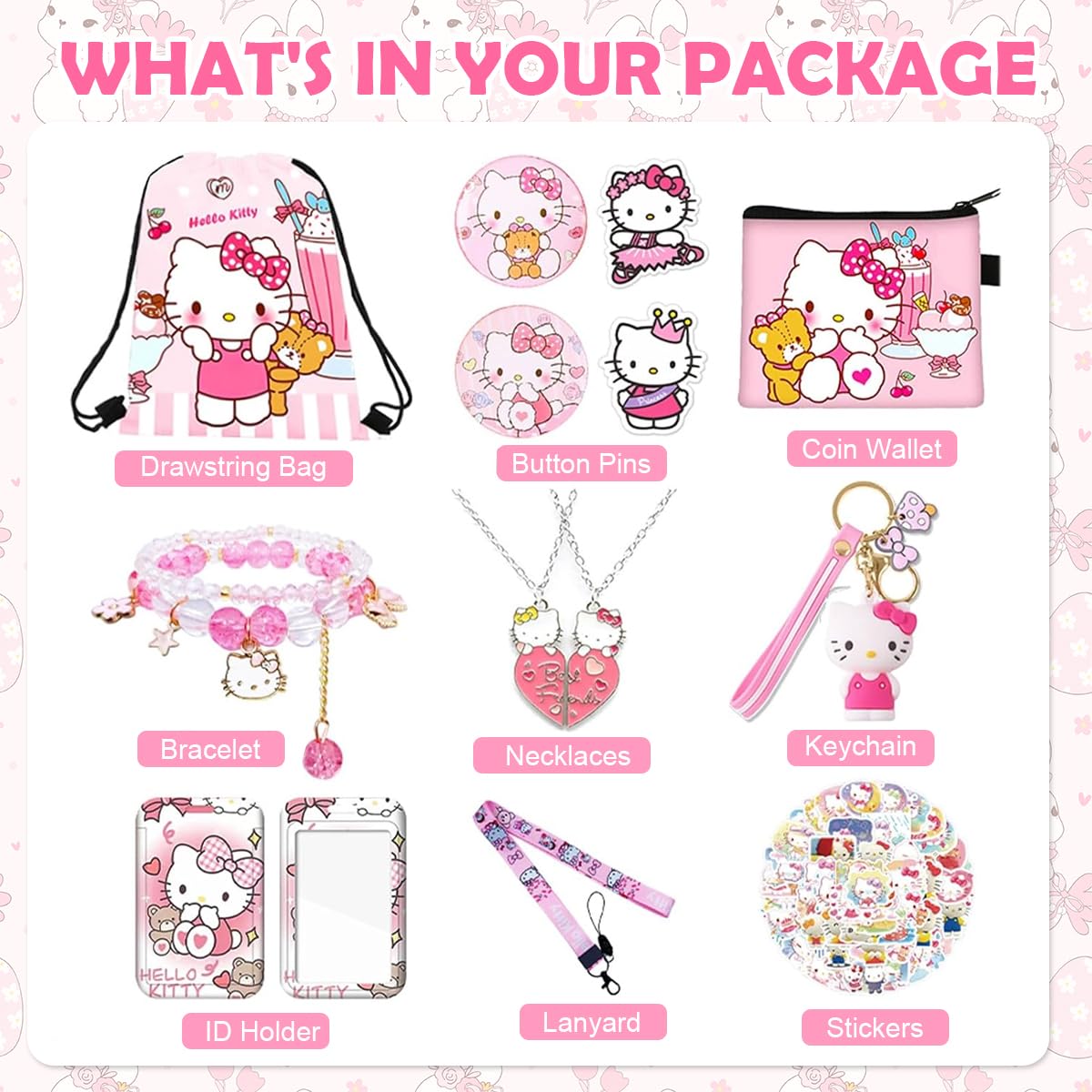 PATPAT Cute Kawaii Kitty Stuff Gift Set, Including Drawstring Bag Coin Wallet Bracelet Keychain Necklaces Button Pins Stickers Lanyard for Kids Teens Adults