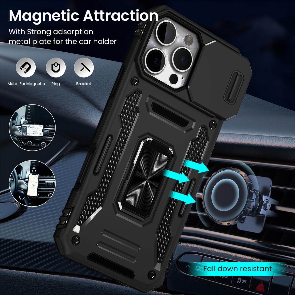 ZORBES Phone Case for iPhone 16 Pro Max, XLSleek Magnetic Phone Case with Kickstand Phone Ring &Sliding Camera Lens Cover Magnetic Phone Holder Shockproof Phone Case for iPhone 16 Pro Max