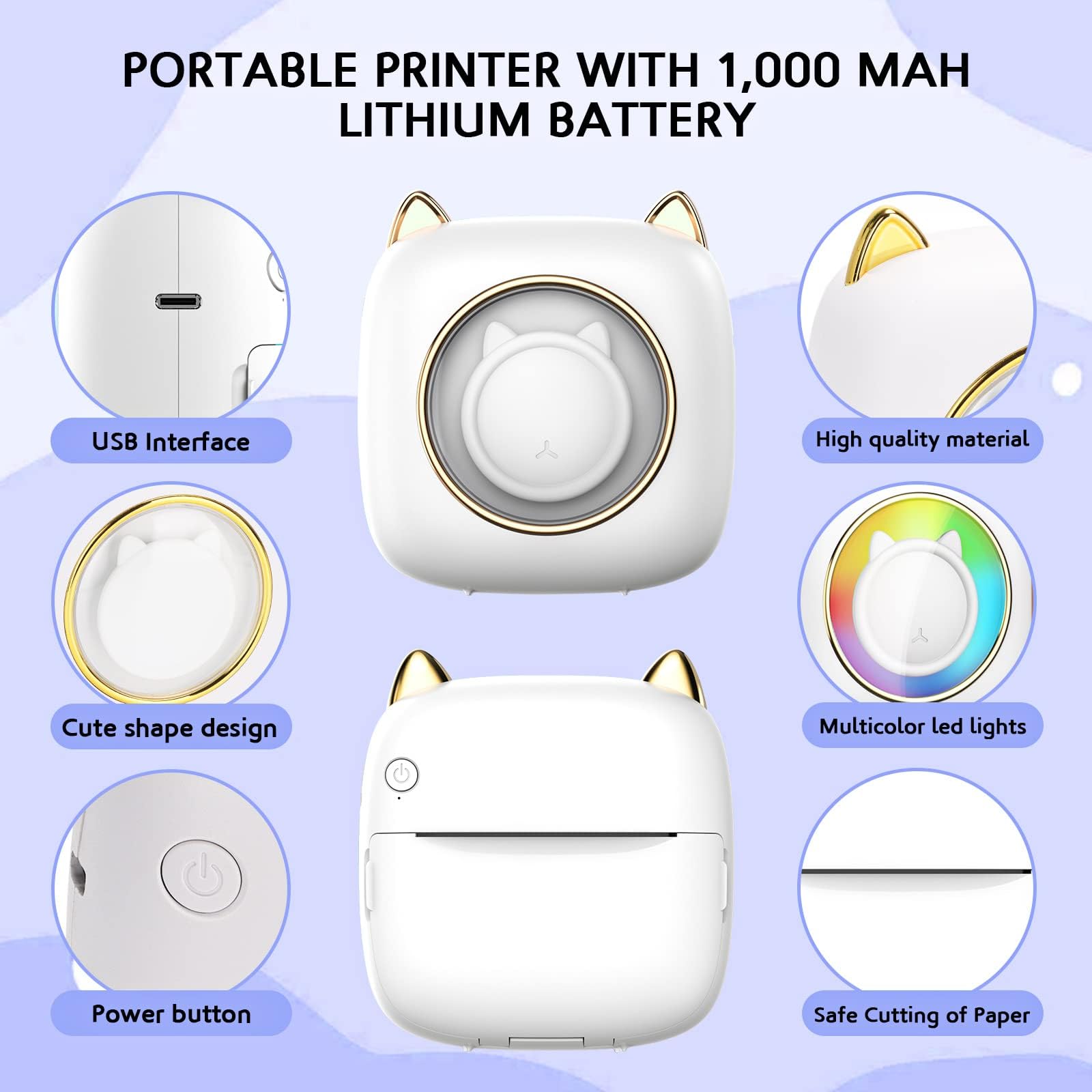 ZORBES Mini Printer Bluetooth Thermal Printer Black & White Portable Photo Printer Compatible with iOS, Android, Wireless Printer with 6 Rolls Printing Paper for Printing Label, Journal, Study Note