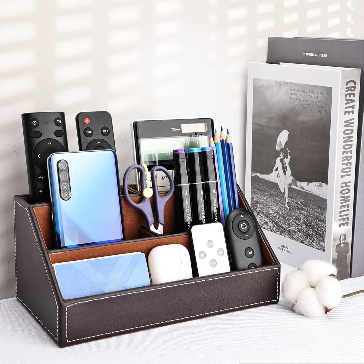 Climberty Pu Leather Desk Organizer with 5 Compartments Holder, Multi-Functional Office Supplies Storage Caddy for Pen/Pencil, Phones, Remote Controller and Desktop Accessories Brown (24x13.5x12cm)