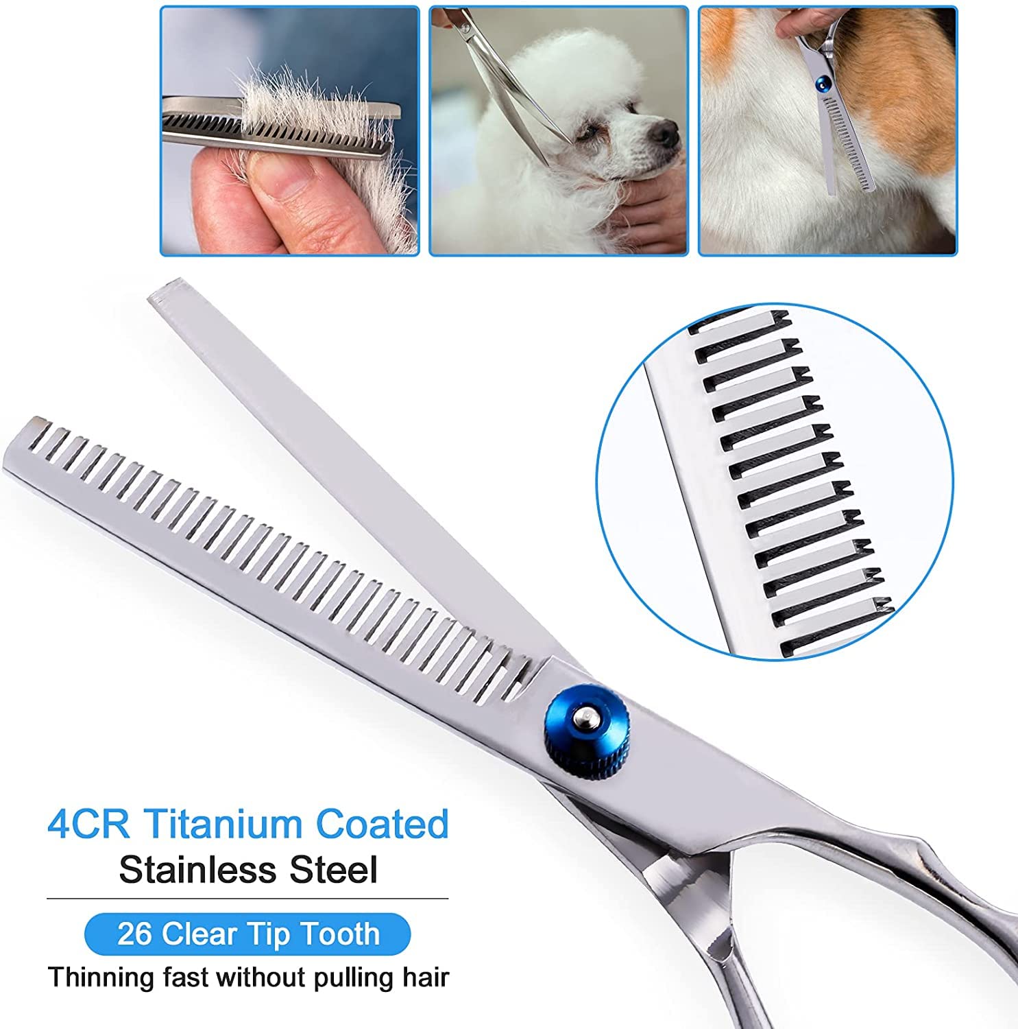 Qpets Dog Grooming Scissors Kit with Safety Round Tips Stainless Steel Professional Dog Hair Cutting Scissors - Thinning, Straight, Curved Shears and Comb for Long Short Hair for Dog Cats(3 PCS)