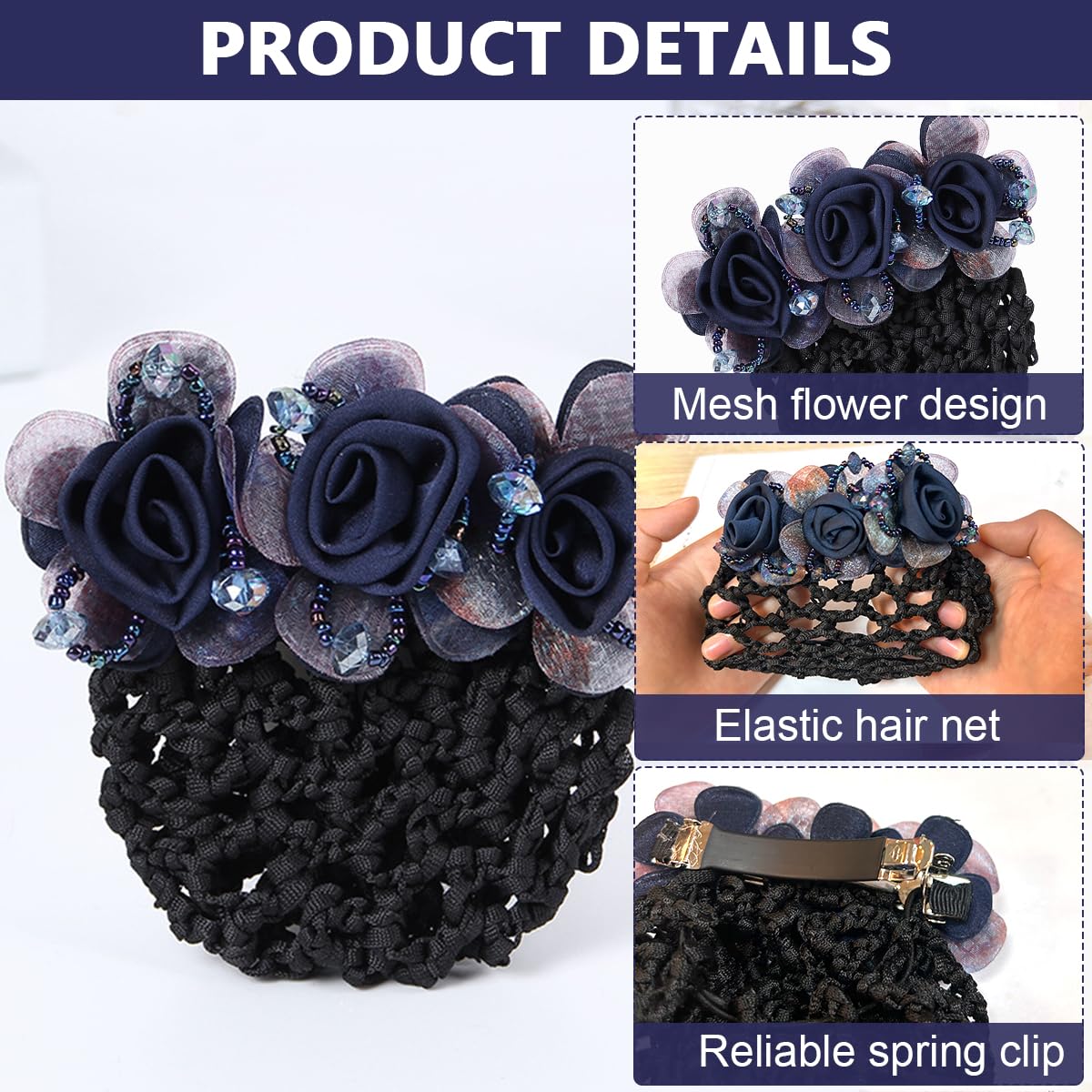 MAYCREATE Floral Hair Snood Net, Barrette Hair Bun Cover, Rhinestone Hair Bun Clips for Women, Lady Hair Bun Accessories Bun Maker Hairnet for Dancer Nurse Work or Daily