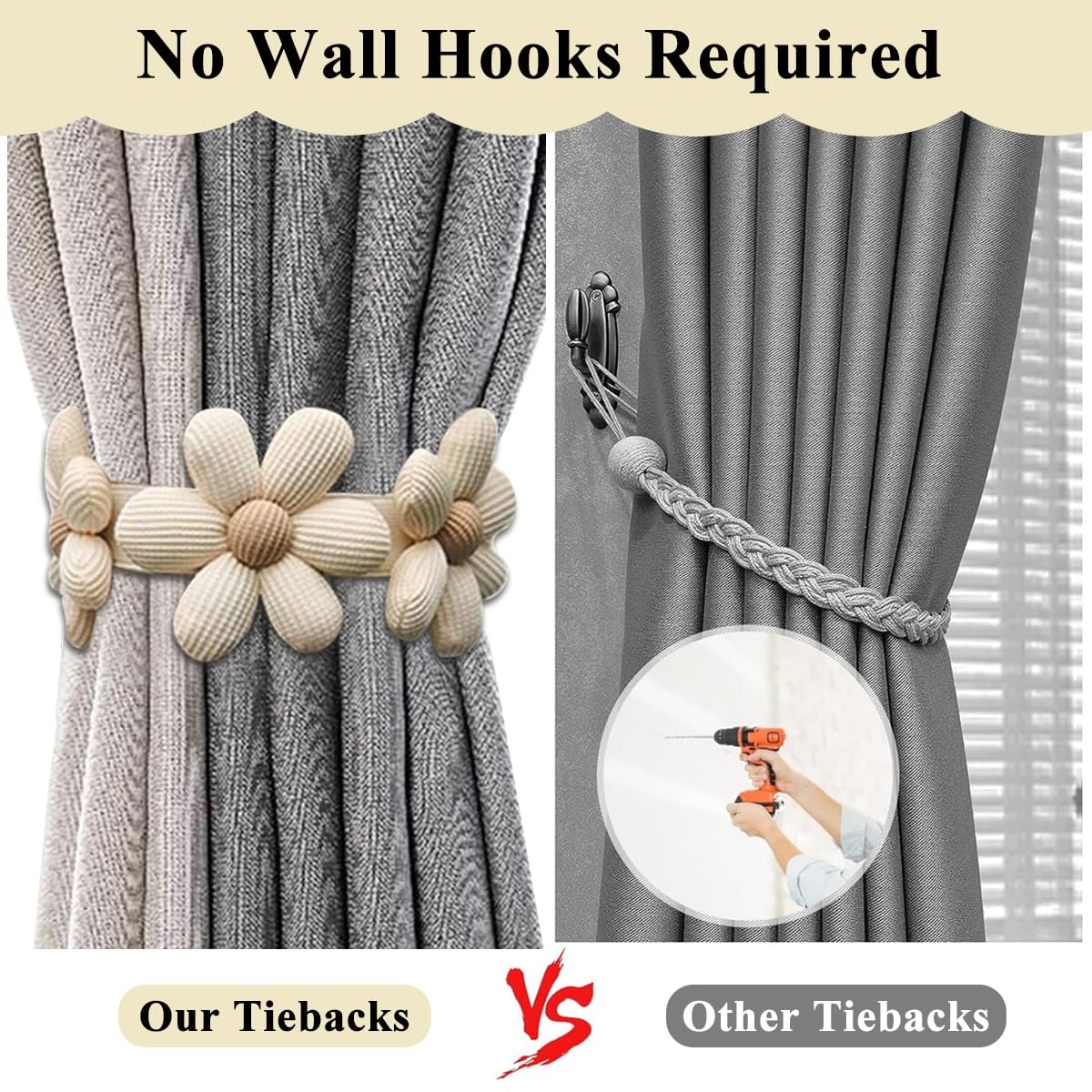 HASTHIP Curtain TieBacks, 2 Pack Pearl Curtain Tie Backs, Modern Decorative Curtain Holdbacks Holder with Elastic Cord Drapes Clips Buckle for Thin or Thick
