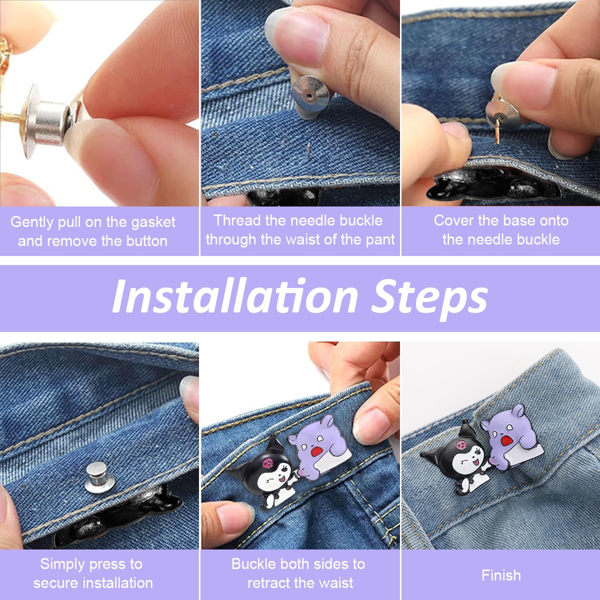 SANNIDHI 2 Pairs Jeans Tightening Clip, Kuromi Pants Clips Jeans Adjustable Button Pins, Adjustable Waist Buckle for Women Girls, Jeans Hooks for Waist Fit Loose Jeans Adjuster for Trousers, Skirts