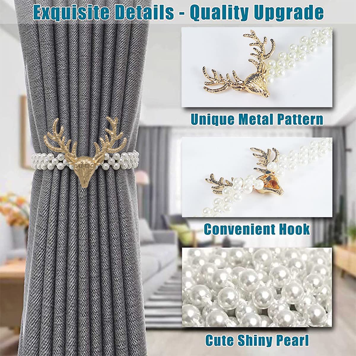 HASTHIP 2pcs Curtain Holders Tieback Metal TieBacks with Classy Small Pearl Elastic Rope Curtains Tie Backs for Home Office Hotel Window Drape Decor (Gold)