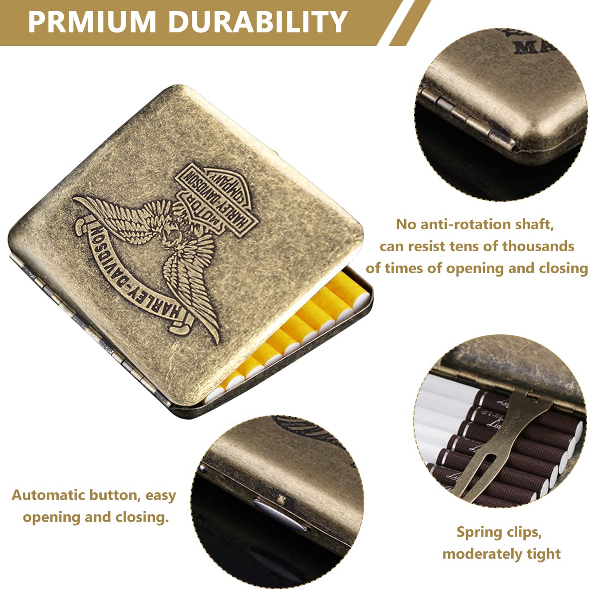 GUSTAVE Metal Cigarette Case, Vintage Bronze Cigarette Box for 20pcs Cigarette, Moisture-Proof Cigarettes, Double Sided Spring Clip Cigarette Box, Scratch Proof Cigarette Box Gifts for Men