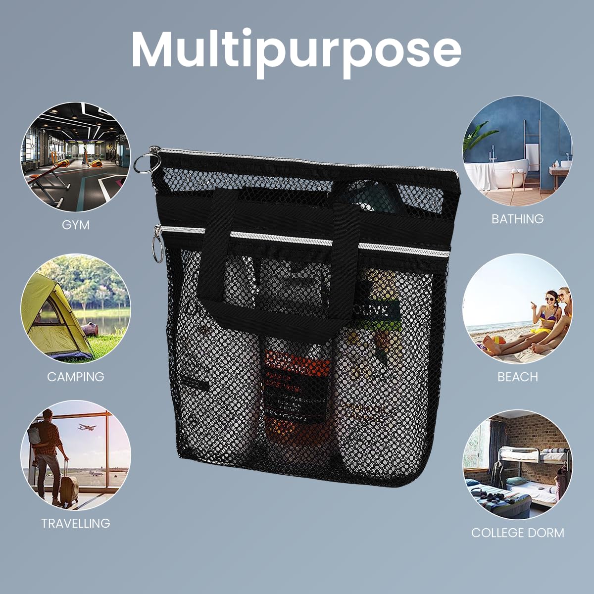HASTHIP Mesh Shower Caddy, 10.2x9.9'' Shower Mesh Caddy Tote Bag Quick Dry Hanging Toiletry and Bath Organizer for Travel and Swimming with Zipper