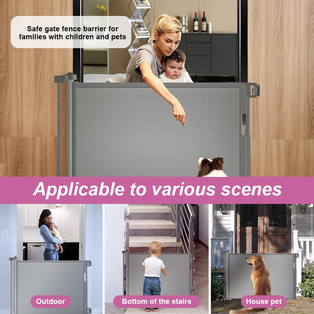 SNOWIE SOFT Retractable Baby Safety Gate Fence Gate with Lock, Buckle Door Barrier Staircase Gate Door Gate Barrier for Babies Toddler, Dogs, Cats, Pets in Balcony, Bedroom, Living Room, 33