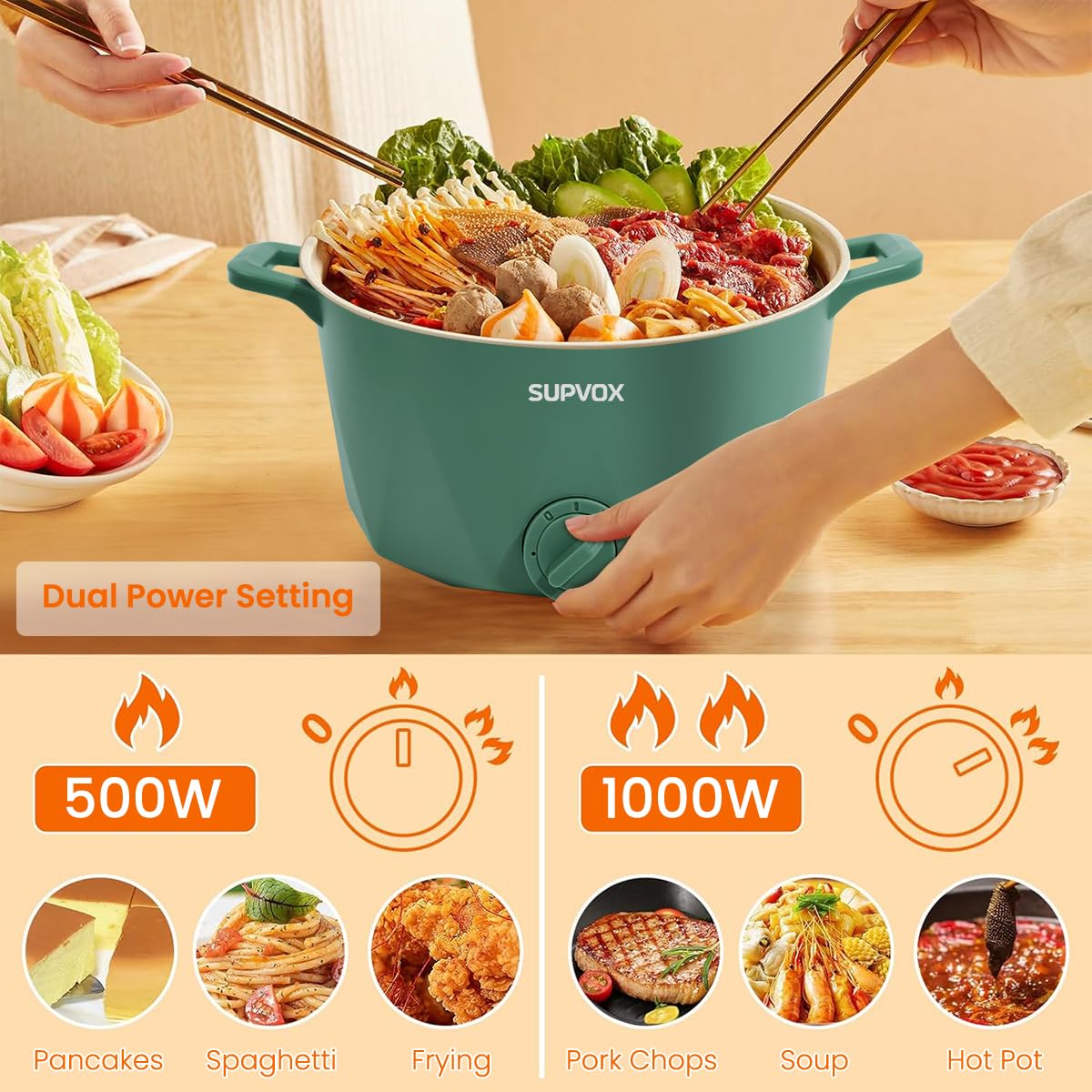 Supvox Electric Kettle for Cooking 3 Litre Non-Stick Electric Cooker with Steamer & Lid Multifunctional Rice Cooker Adjustable 1000W Egg Boiler Electric Pot for Frying, Steaming, Boiling